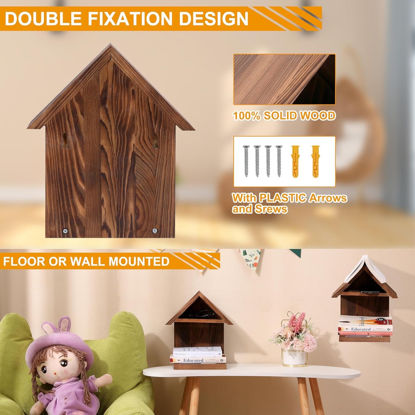 Floating Bedside Wood Bookshelf, Triangle Book Page Holder, Wooden Simple Bookcase for Bedroom Nightstand Library