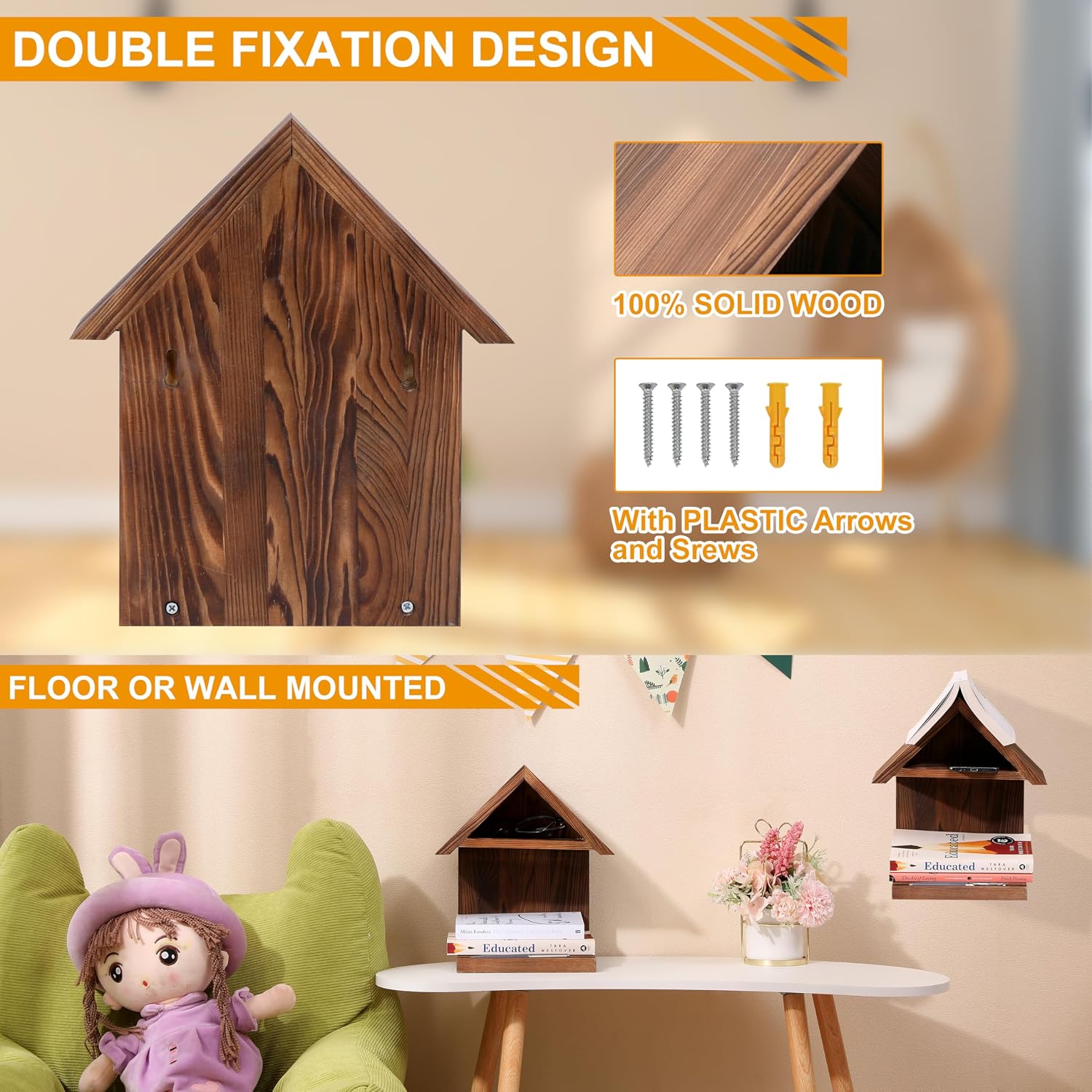 Floating Bedside Wood Bookshelf, Triangle Book Page Holder, Wooden Simple Bookcase for Bedroom Nightstand Library