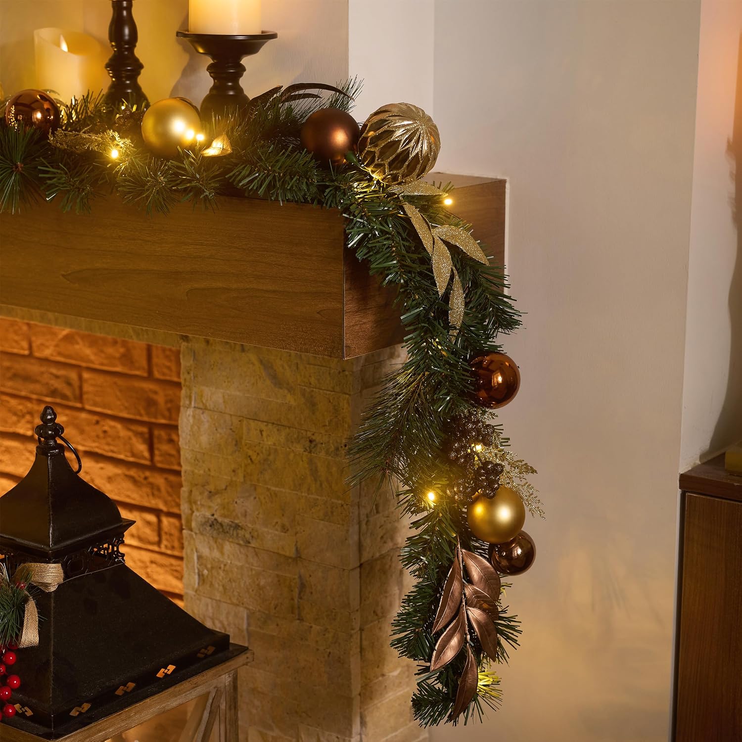 Valery Madelyn 6 Ft Pre-Lit Christmas Garland with Lights for Mantle, Lighted Outdoor Xmas Garland with Copper Gold