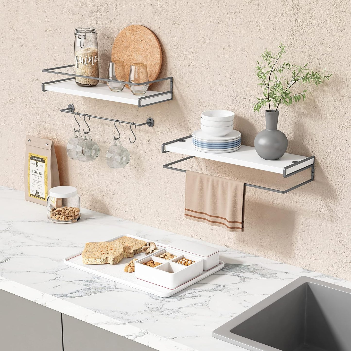 Forbena White Floating Shelves for Bathroom Organizer Over Toilet, Bathroom Shelves Wall Mounted with Towel Rack