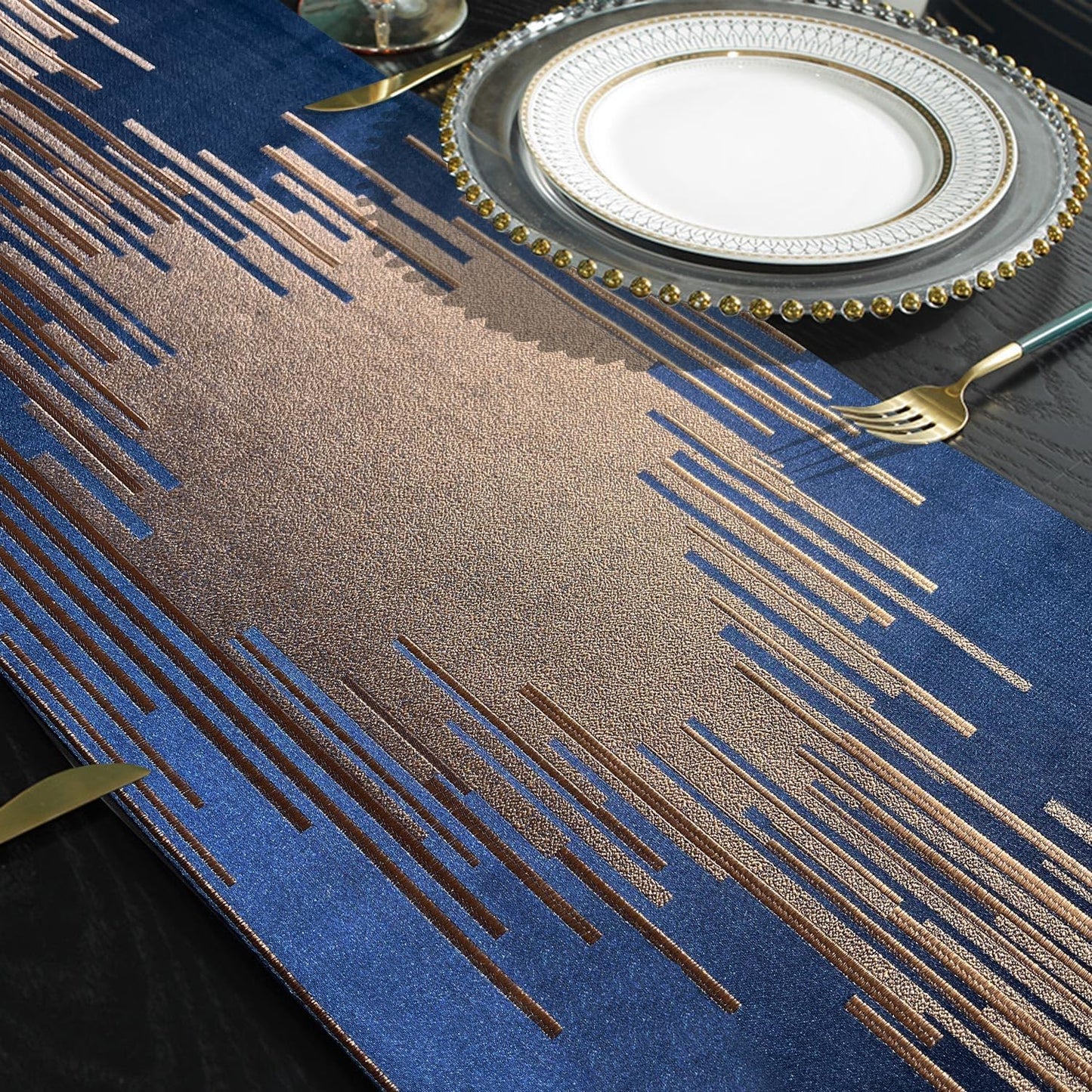 Luxury Modern Blue Table Runner,13"x120",Elegant Abstract Striped, Tassels | Table Runners 120 Inches Long, Thick