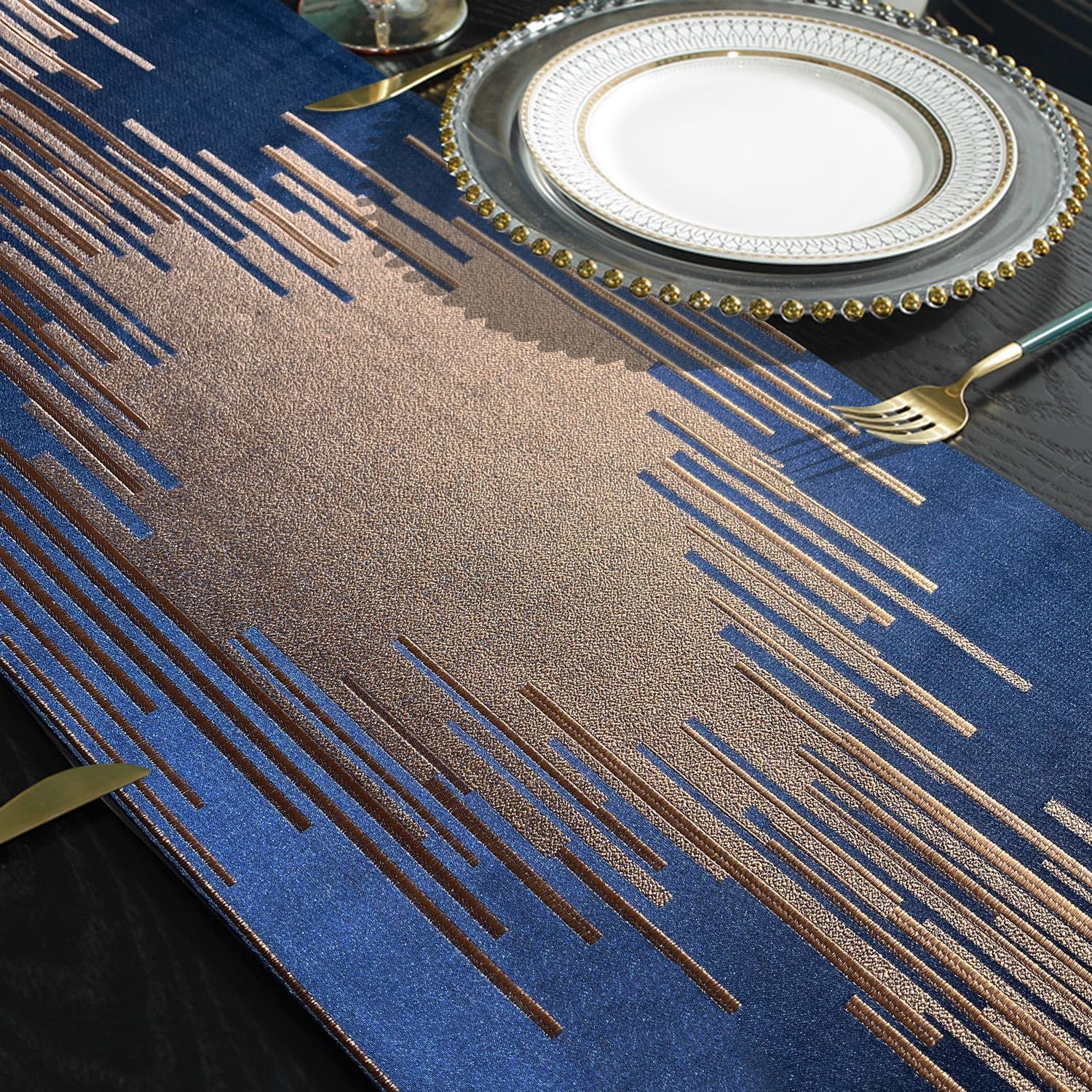 Luxury Modern Blue Table Runner,13"x120",Elegant Abstract Striped, Tassels | Table Runners 120 Inches Long, Thick