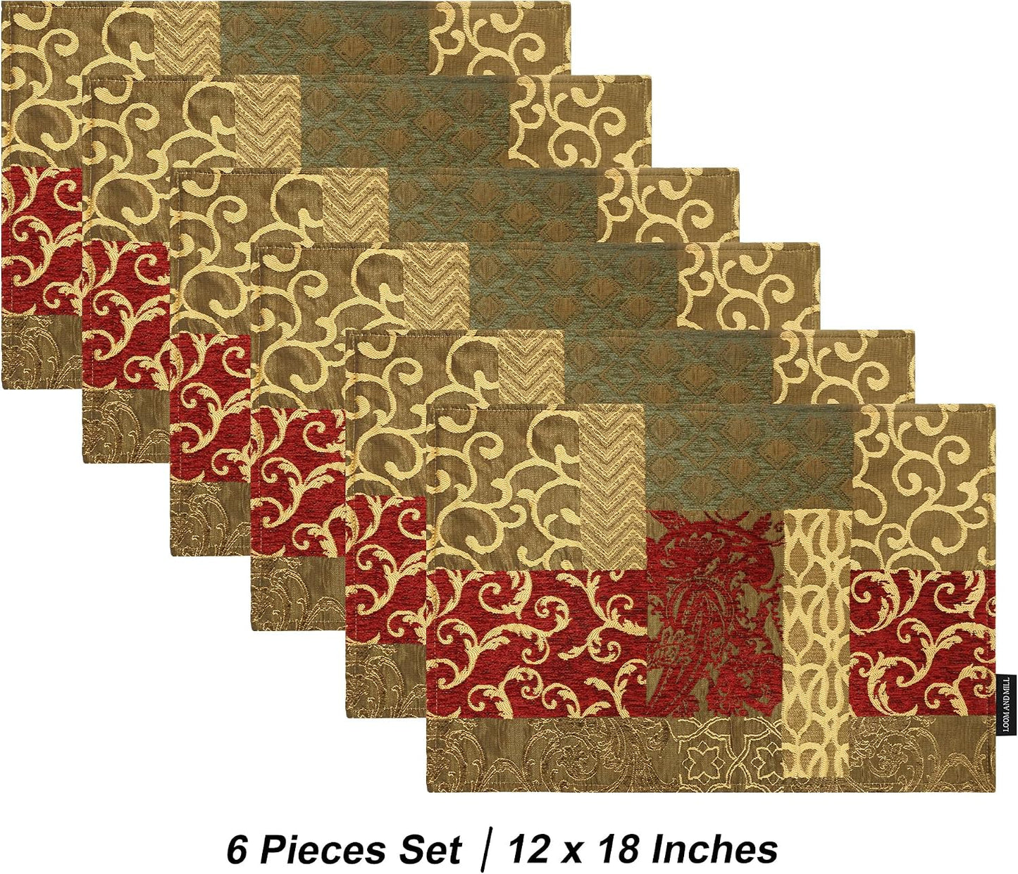 Loom and Mill Luxury Patchwork Damask Placemats Set of 6, Red Gold, 12x18in | Chenille Jacquard Non-Slip Table Place