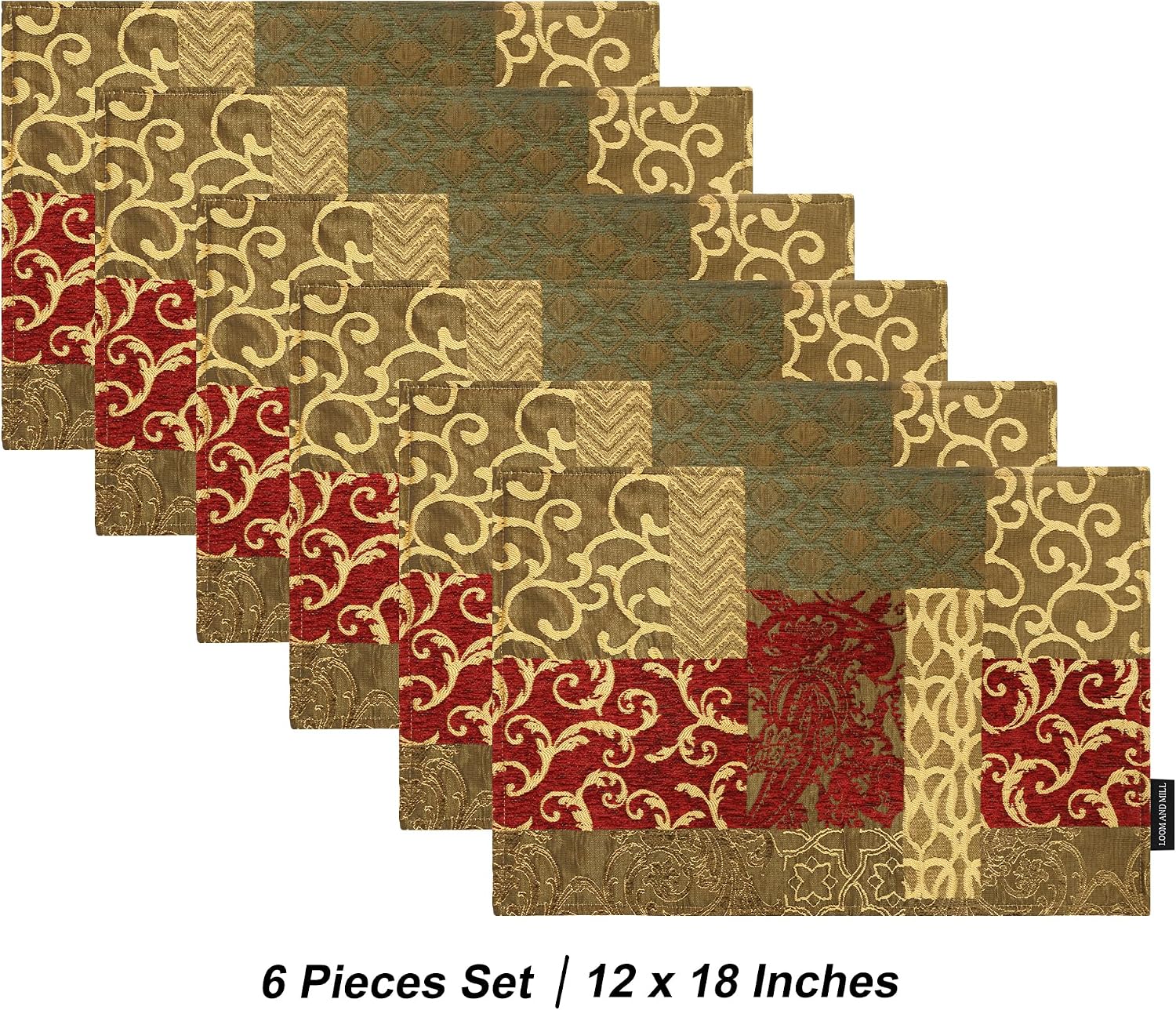 Loom and Mill Luxury Patchwork Damask Placemats Set of 6, Red Gold, 12x18in | Chenille Jacquard Non-Slip Table Place