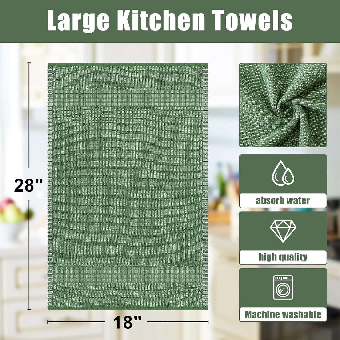 Homaxy 380 GSM Cotton Premium Kitchen Towels 6 Pack, 18"x 28", Grass Green | Flat and Terry Dish Towels, Highly