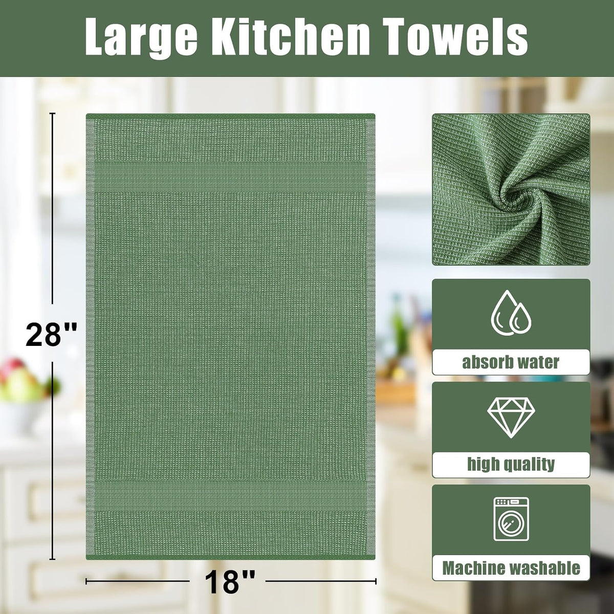 Homaxy 380 GSM Cotton Premium Kitchen Towels 8 Pack, 18"x 28", Grass Green | Flat and Terry Dish Towels, Highly