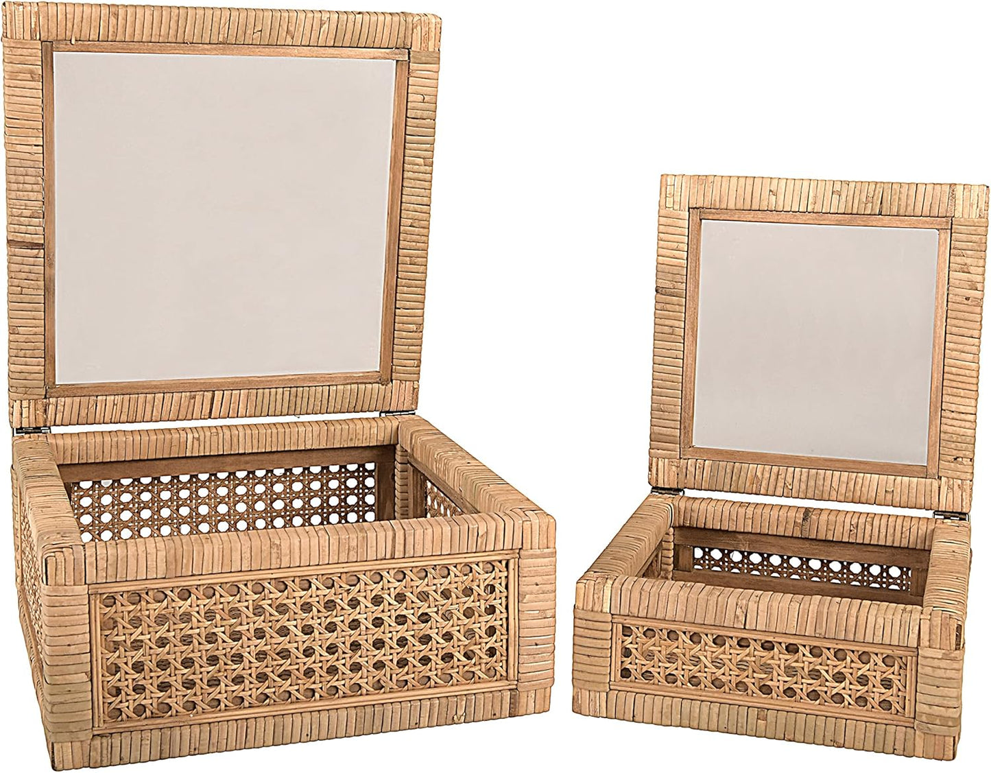 Modern Decorative Woven Rattan and Wood Display Boxes / Natural / Square / Set of 2