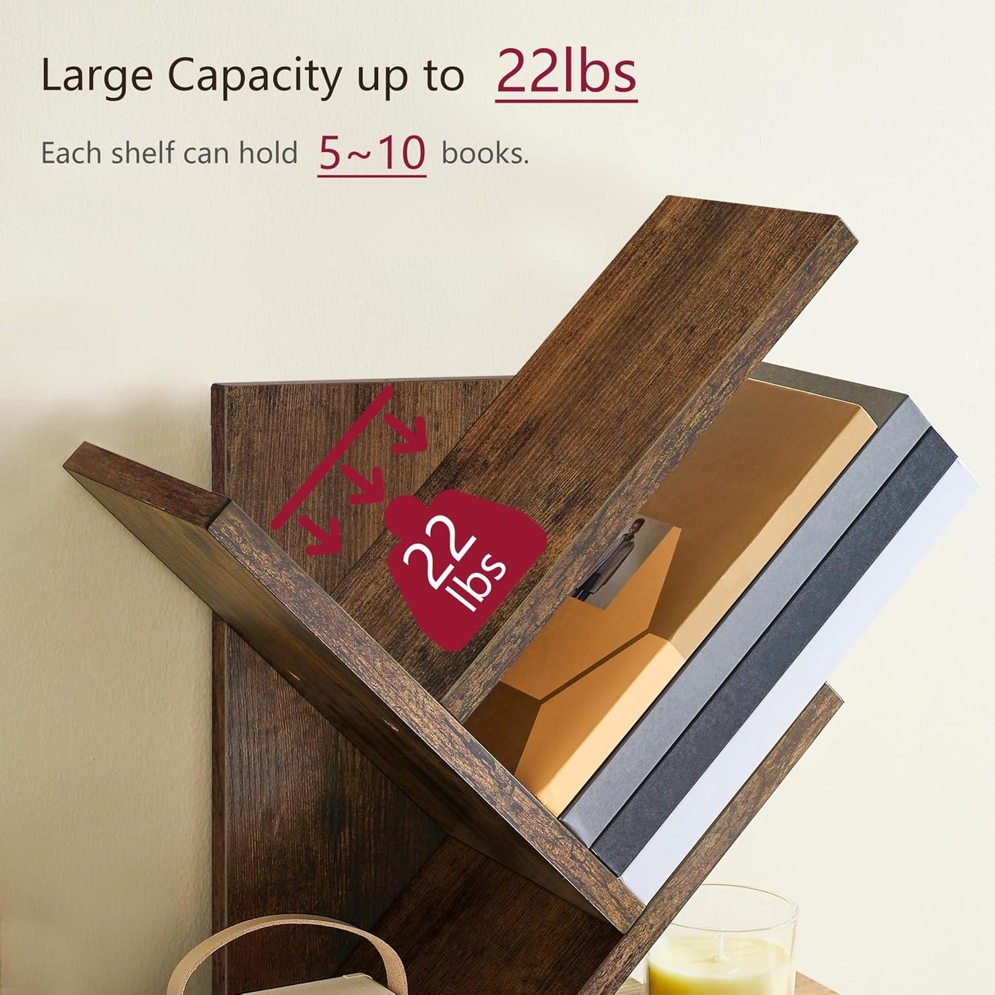 Tree Bookshelf 3-Tier Small Book Organizer, Rustic Brown | Mini Bookshelf, Small Bookcase, Modern Book Storage for