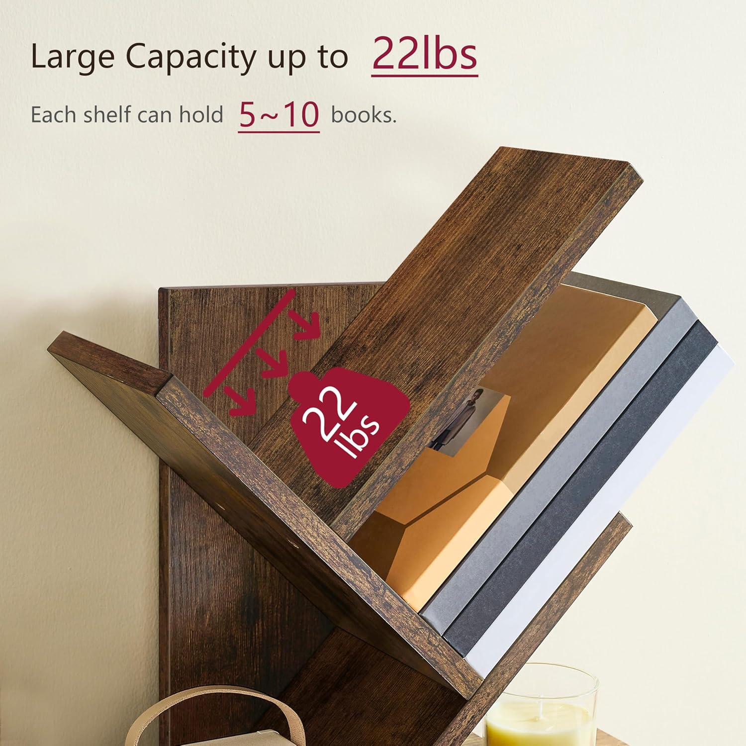 Tree Bookshelf 3-Tier Small Book Organizer, Rustic Brown | Mini Bookshelf, Small Bookcase, Modern Book Storage for