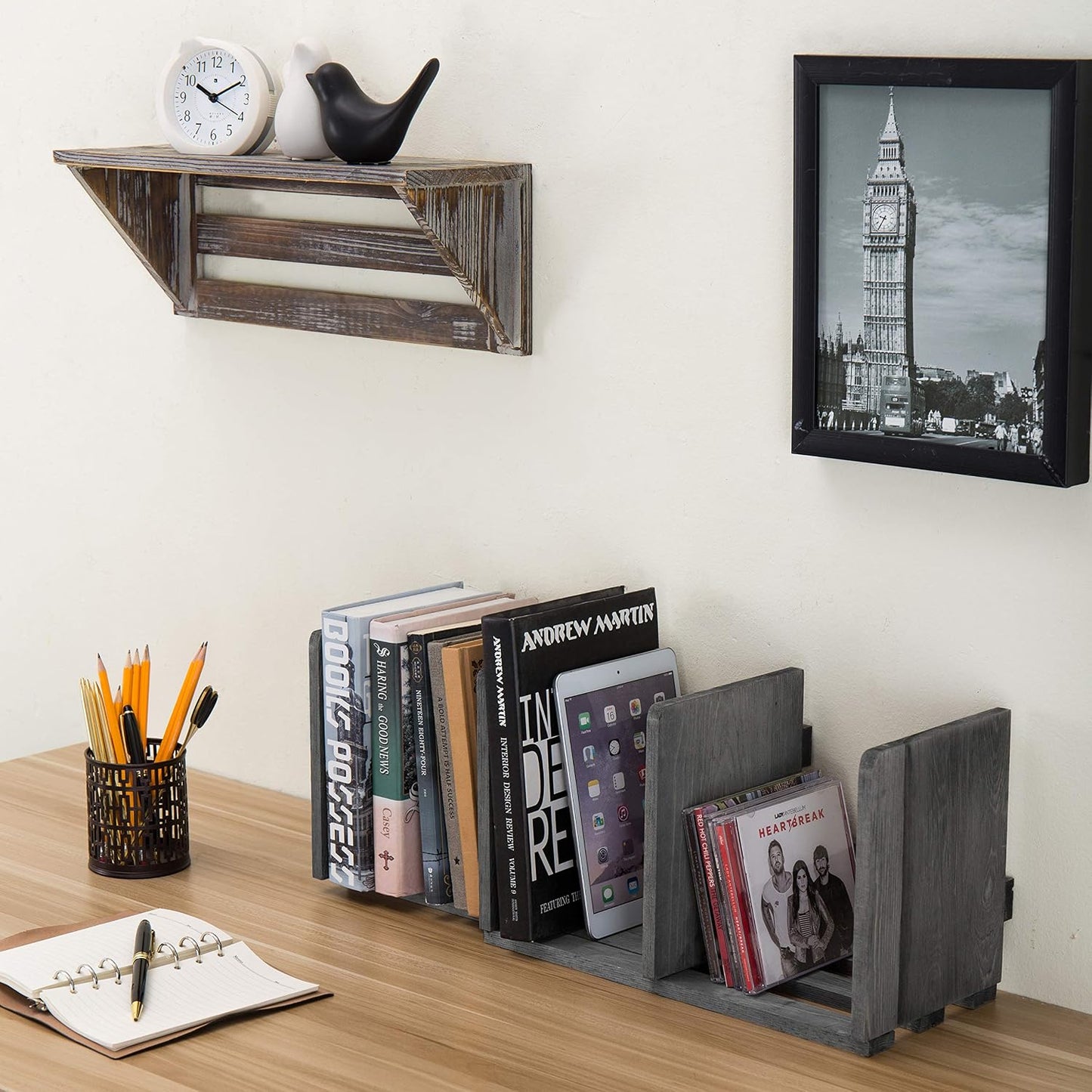 MyGift Gray Barnwood Desktop Bookshelf, Adjustable Expandable Book Rack | Expandable width adapts to changing