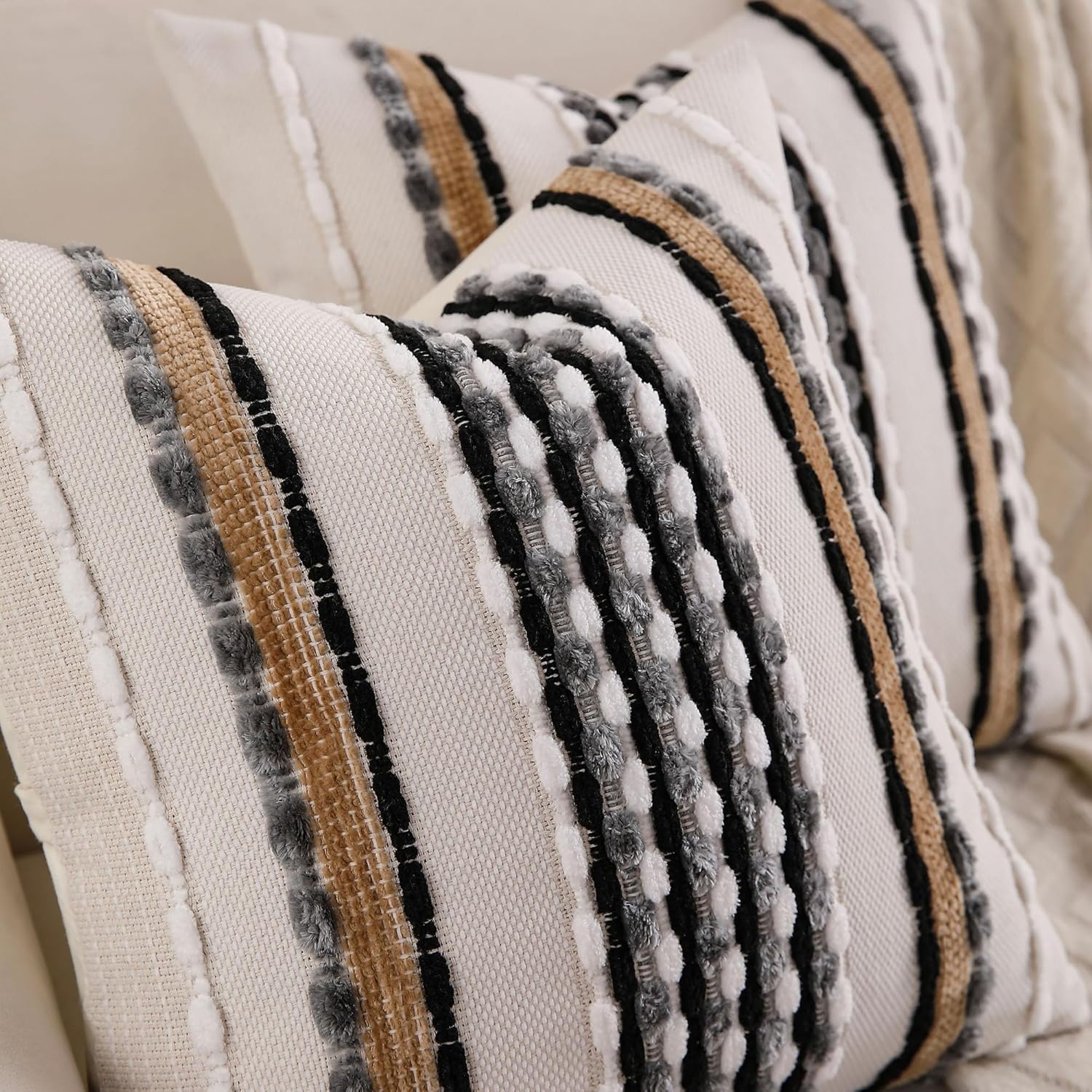 Boho Striped Throw Pillow Covers Farmhouse Square Decorative / Black Grey / 18 x 18 / Set of 2