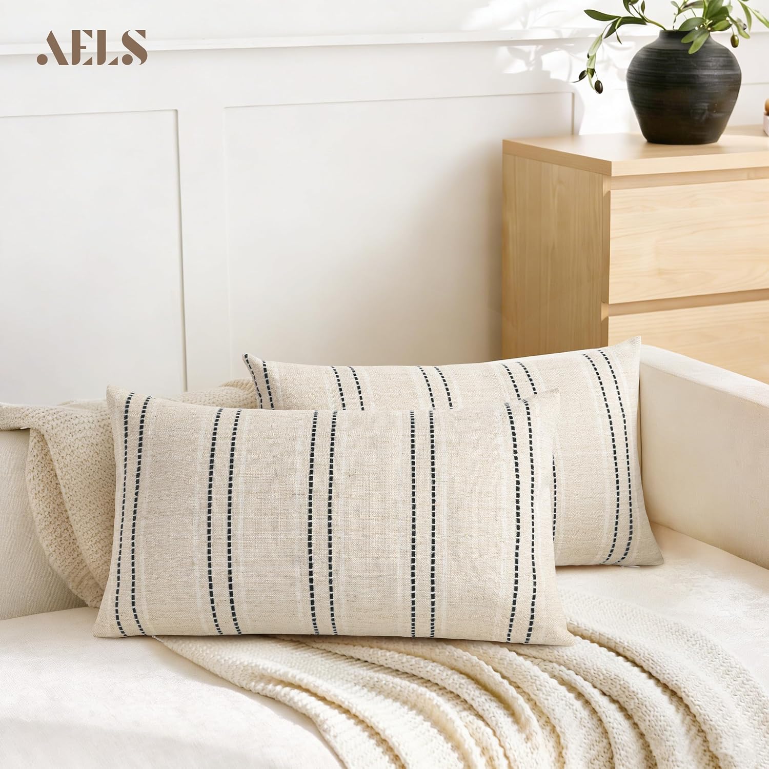 Boho Textured Pillow Case / Beige with White & Black / 20 x 12 / Set of 2