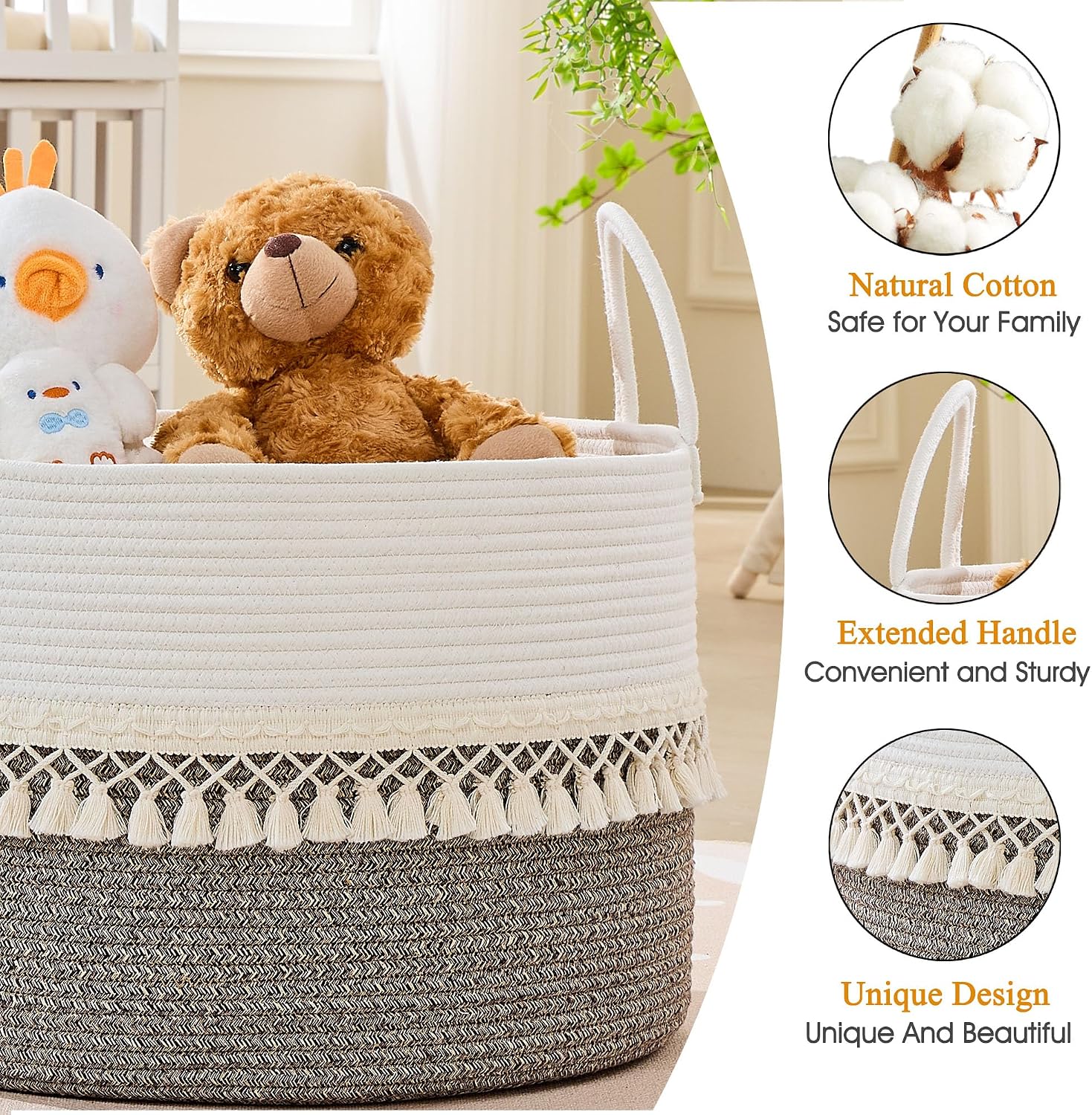 Pillows / Cotton Rope Storage Basket / Beige Fringe / 20 x 13