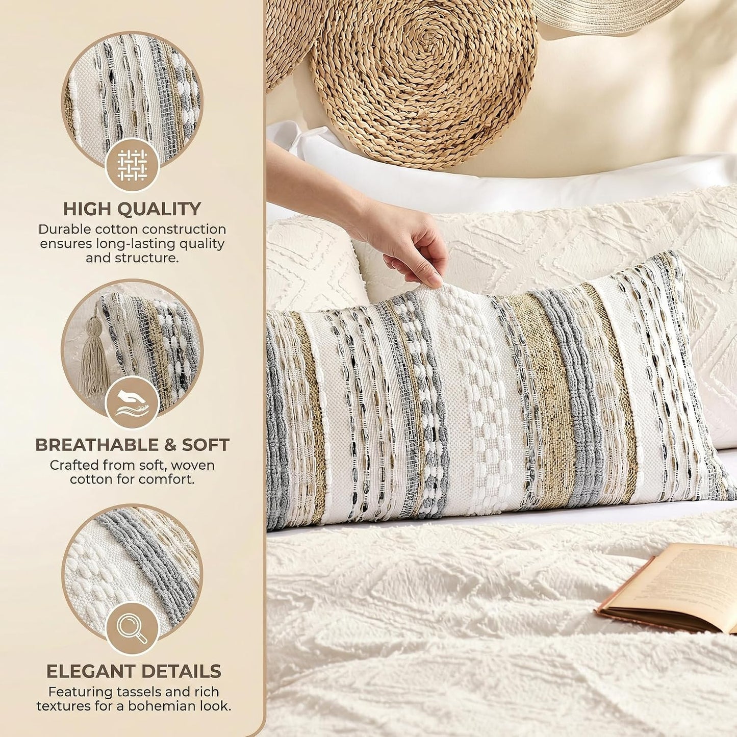Kevin Textile Spring Long Lumbar Pillow Cover Boho Decorative Rectangle Cushion / 36 x 14 / Beige