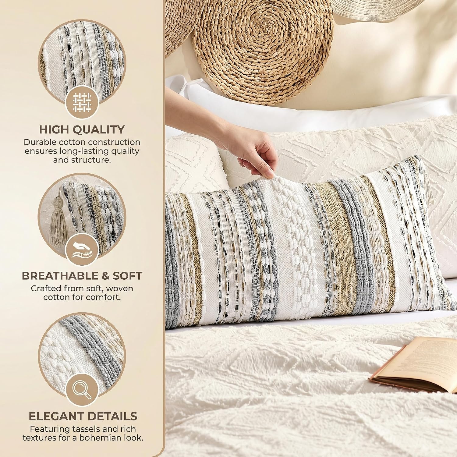 Kevin Textile Spring Long Lumbar Pillow Cover Boho Decorative Rectangle Cushion / 36 x 14 / Beige