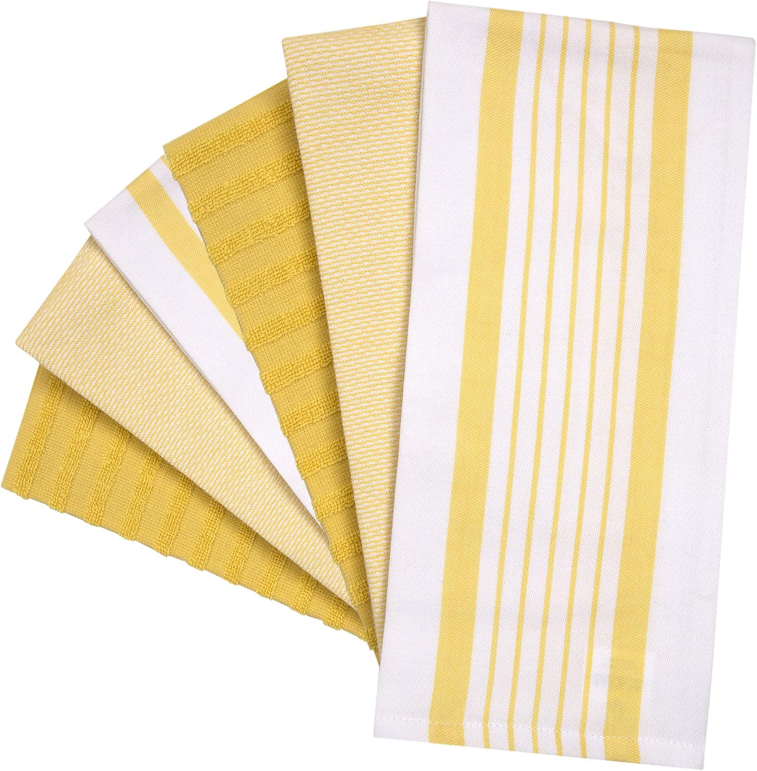 Premium Kitchen Towels 6 Pack 100% Cotton 20"x28" Dish Towels Yellow Stripe | Large Flat & Terry Kitchen Linen Set with