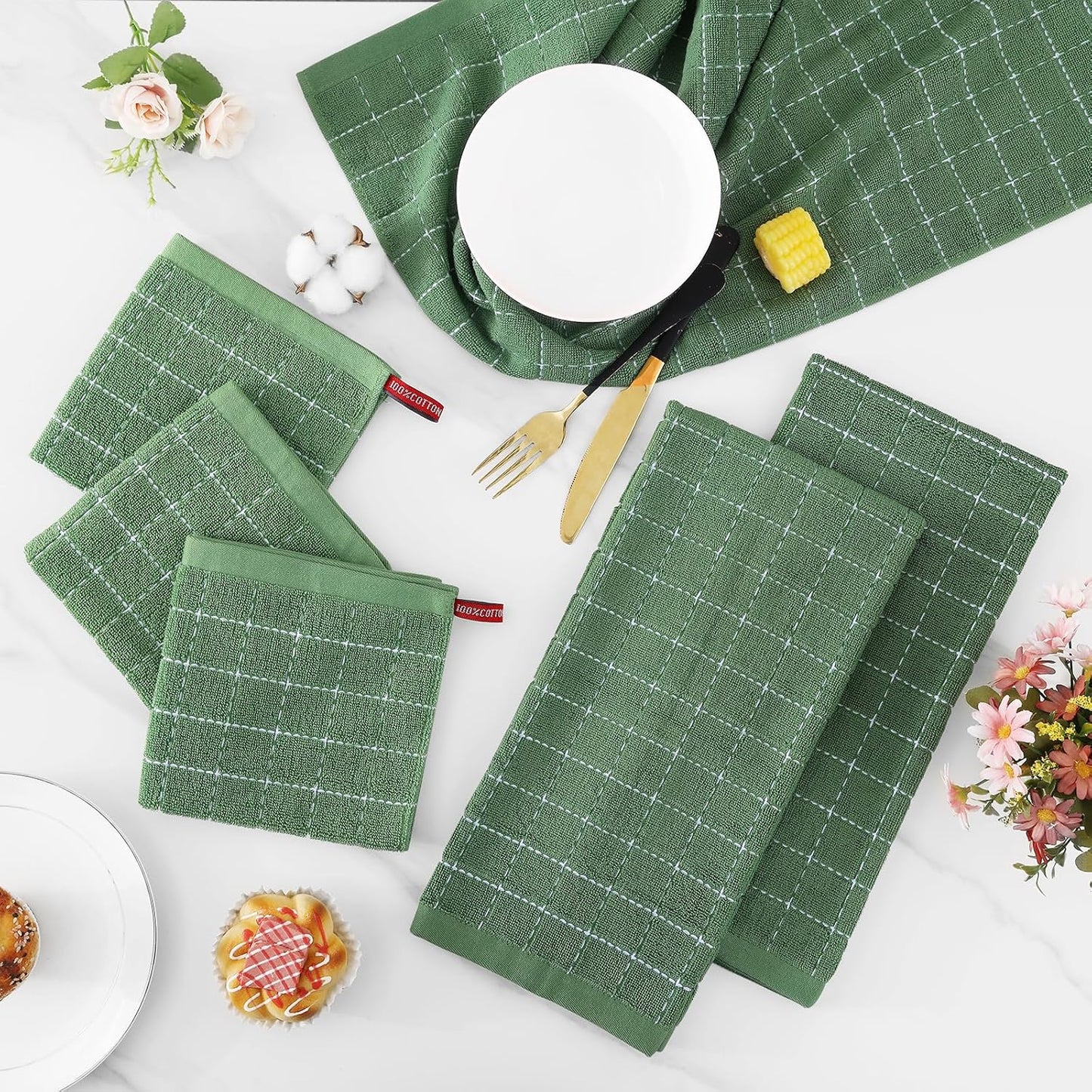 Homaxy Kitchen Towels and Dishcloths Set, Set of 12, Grass Green | Bulk Cotton Terry Kitchen Towels, Checkered