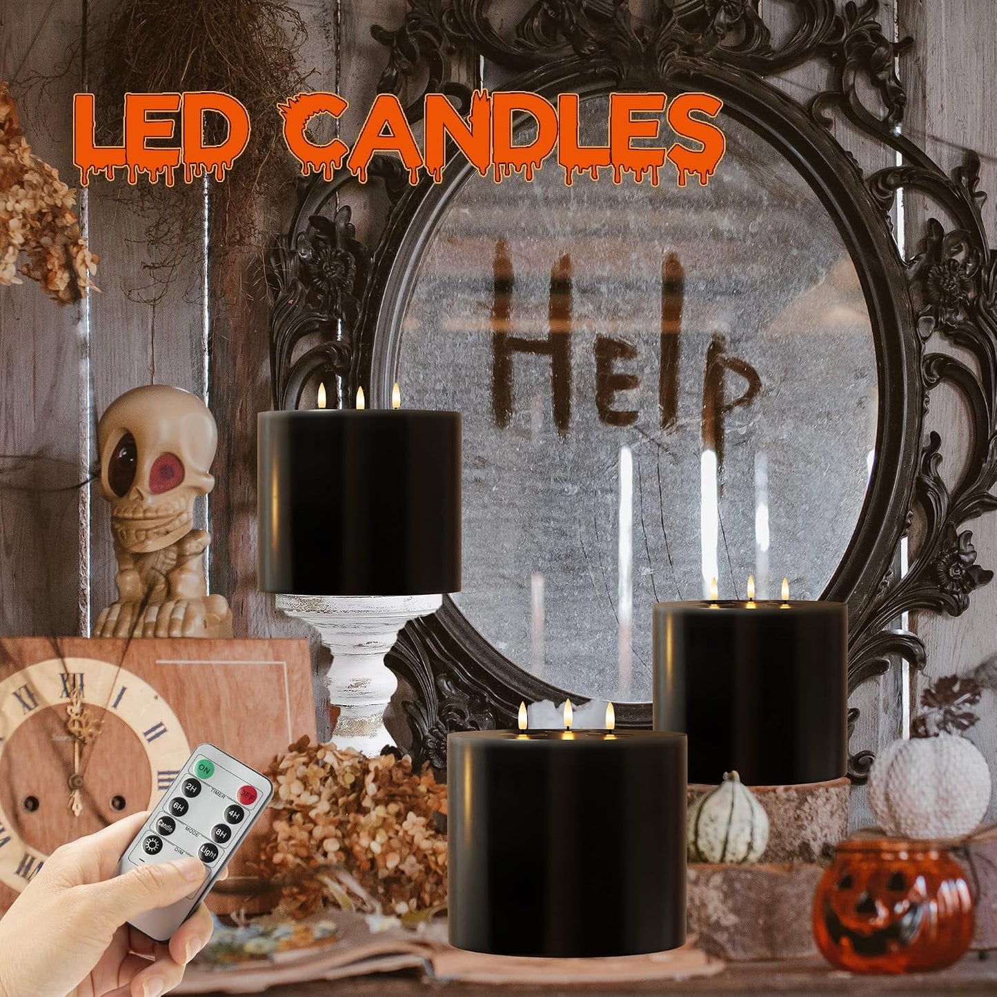 Extra Large Black Flameless Candles with 3 Wicks, 6"x6" Real Wax Halloween Candles with Remote, Battery Operated Candle