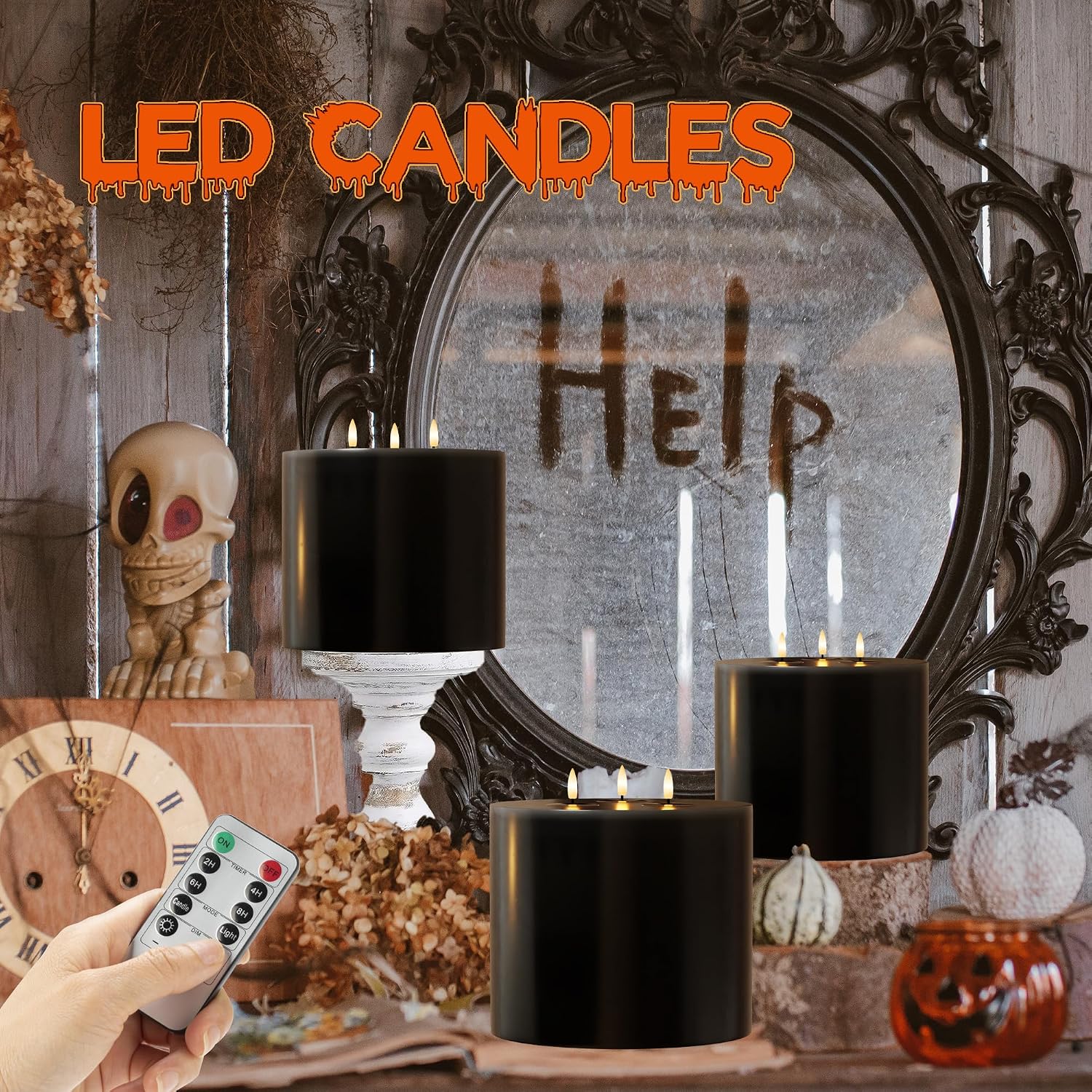 Extra Large Black Flameless Candles with 3 Wicks, 6"x6" Real Wax Halloween Candles with Remote, Battery Operated Candle