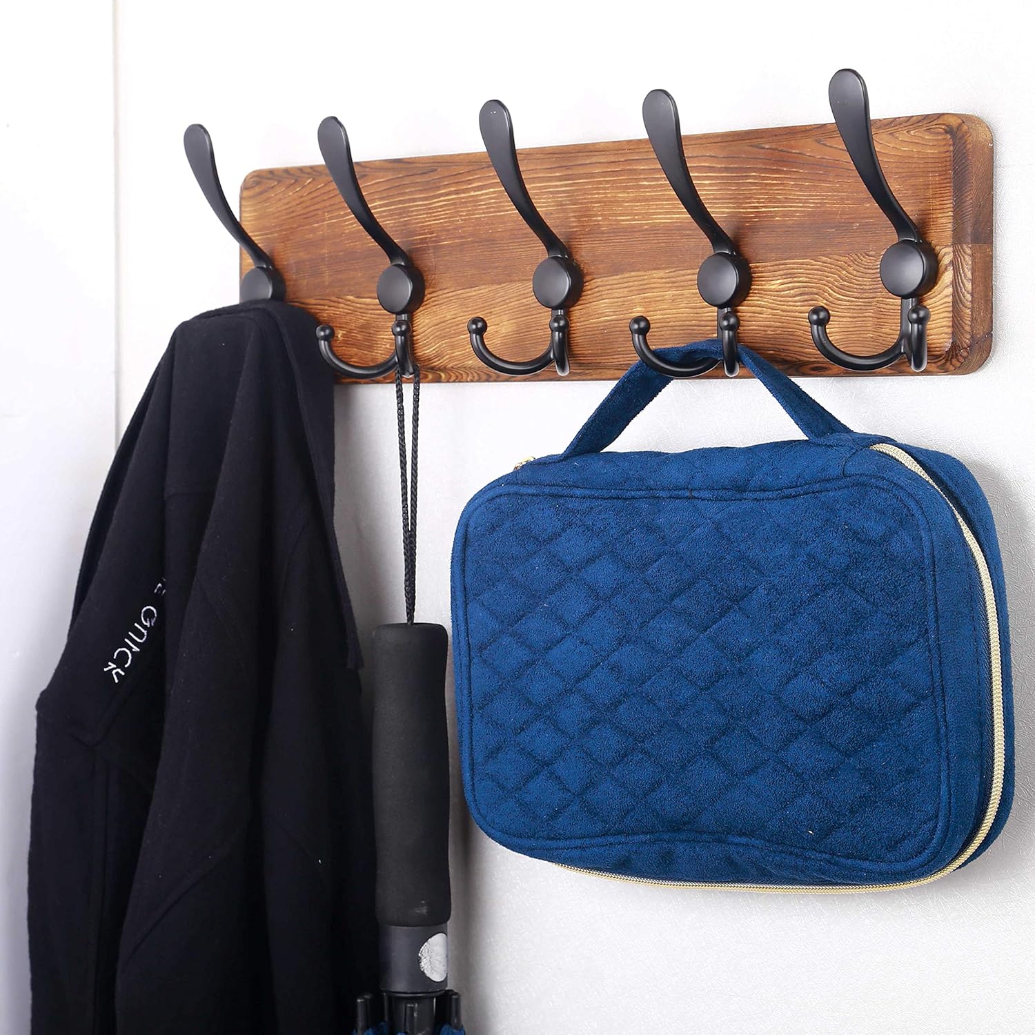 Rustic Wall Mounted Coat Rack / 1 Item-5 Hooks / Brown Plate & Black Hook