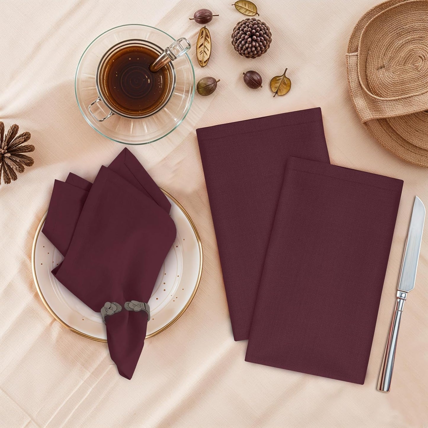 Ruvanti Cloth Napkins Set of 12, 100% Cotton 18”x18” - Burgundy | Washable, Soft, Durable & Absorbent Everyday Napkins.