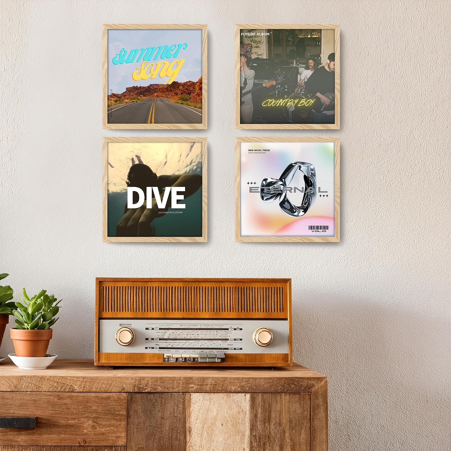 eletecpro Vinyl Record Frame, 12.5 x 12.5 in, Wood Beige, 4 Pack | Fits 12x12 LP and Album Cover, Easy Wall Mount