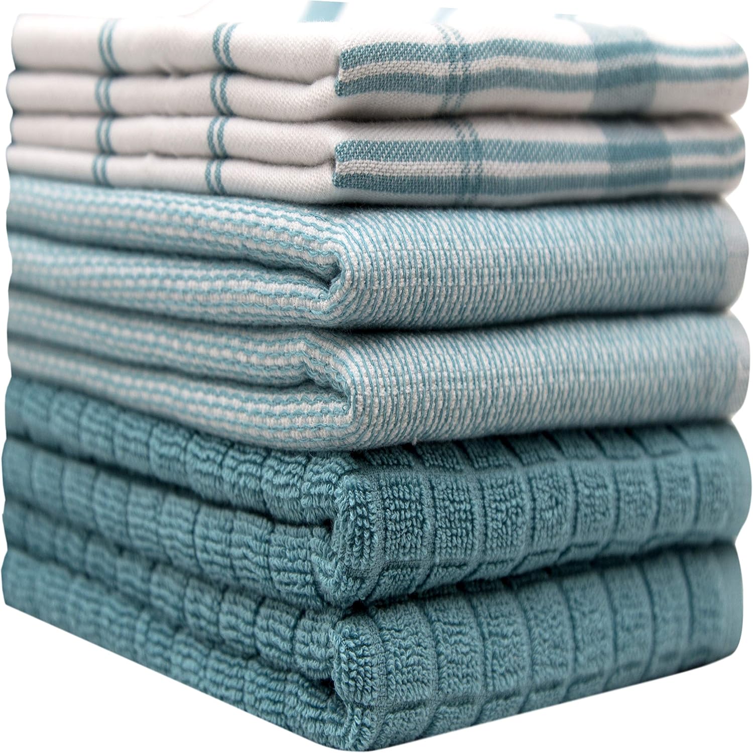 Premium Kitchen Towels 6 Pack 100% Cotton, 20"x28" Dish Towels - Teal Check | Large Flat & Terry Kitchen Linen Set with