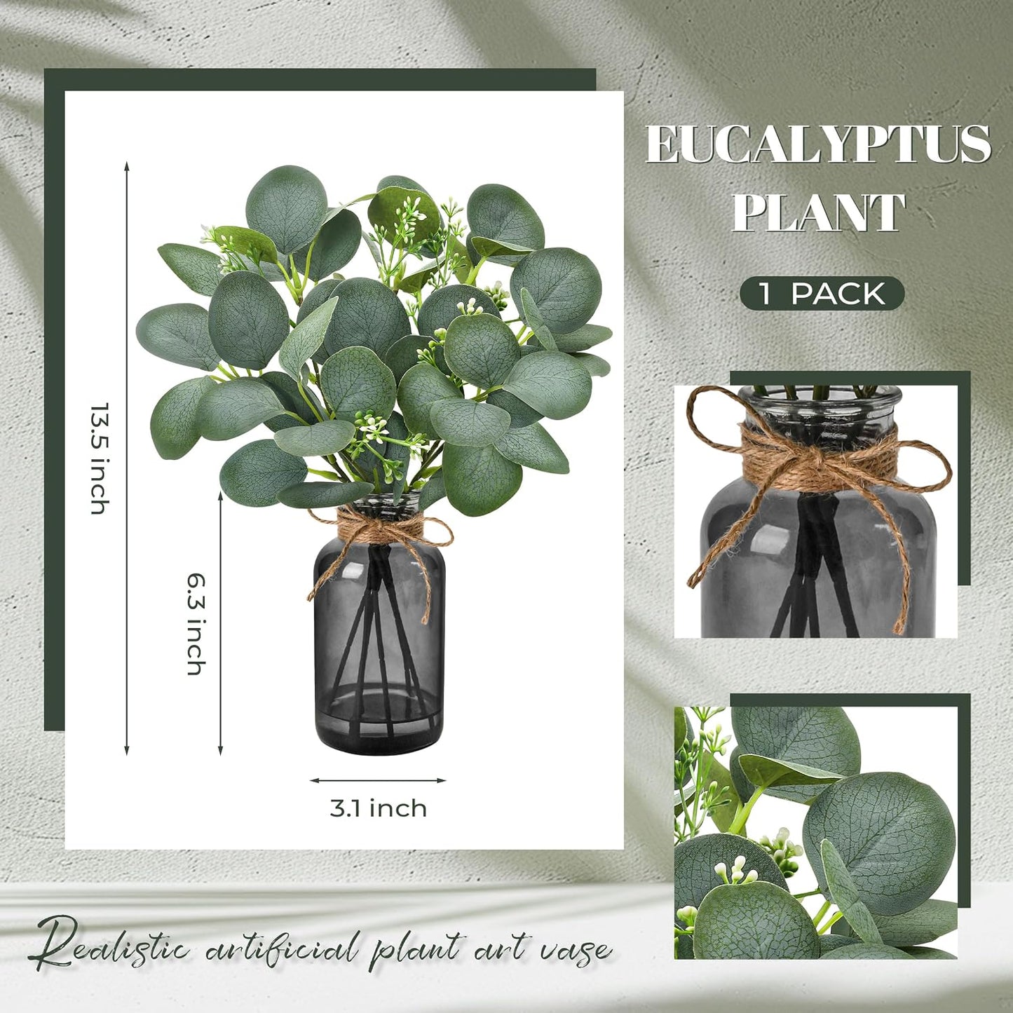 13.5" Fake Plants for Black Bathroom Decor Artificial Eucalyptus Stems in Black Glass Vase / Black-2