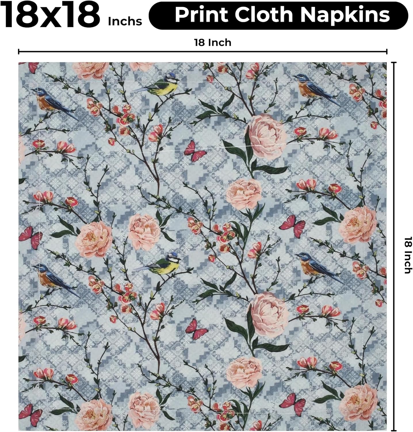 Bedding Craft Cotton Cloth Dinner Napkins Set of 12 – 18x18 Birds Print Design with 1" Fold – Reusable Machine Washable