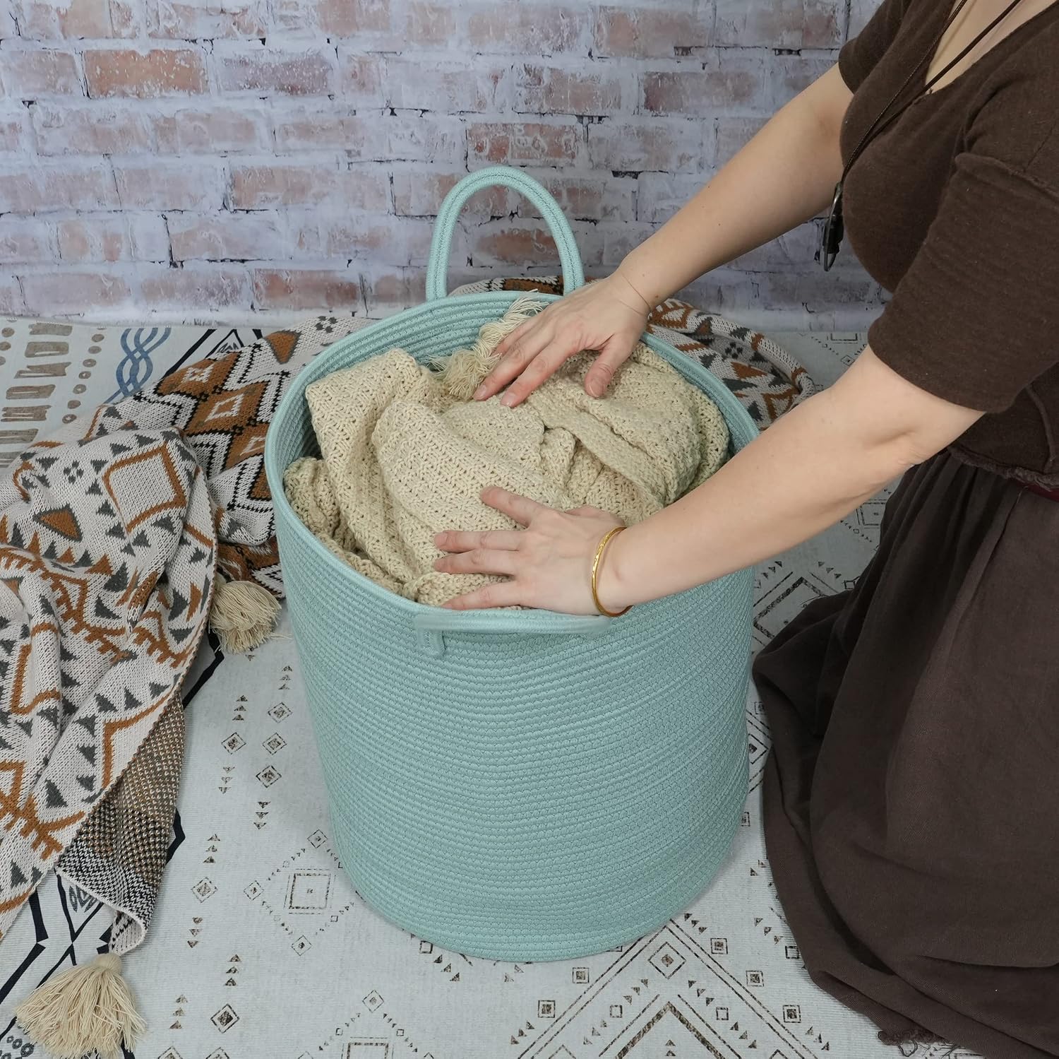 Cotton Rope Laundry Basket Hamper for Clothes Woven Storage Basket / Regular / Light Green