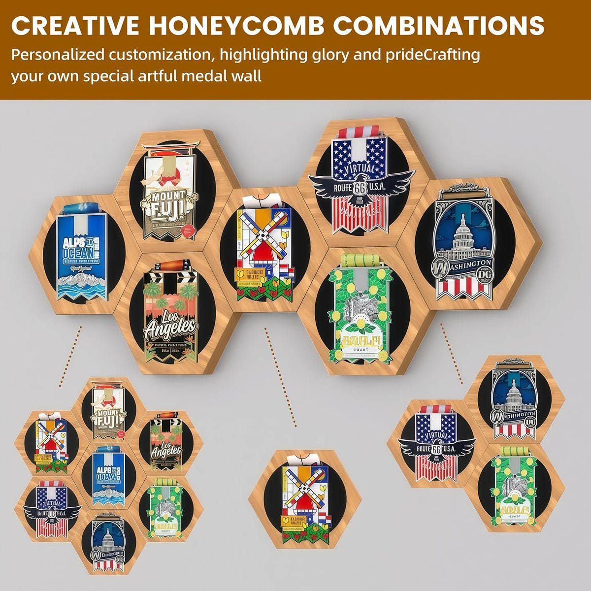 Medal Hanger Display - Honeycomb Marathon Medal Hanger, Race Medal Holder Rack for Wall with No-Drill Adhesive