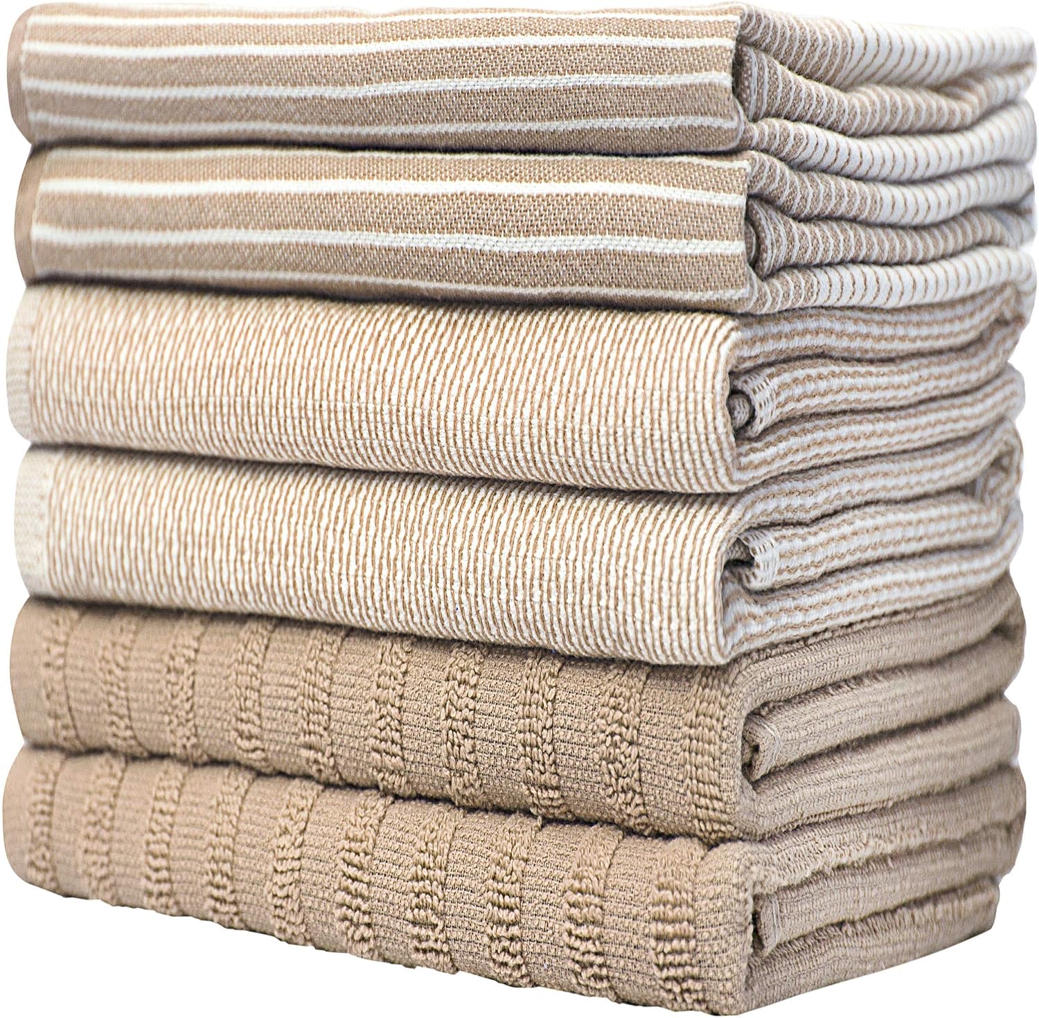 Premium Kitchen Towels 6 Pack 100% Cotton, 20"x28" Dish Towels - Tan | Large Flat & Terry Kitchen Linen Set with
