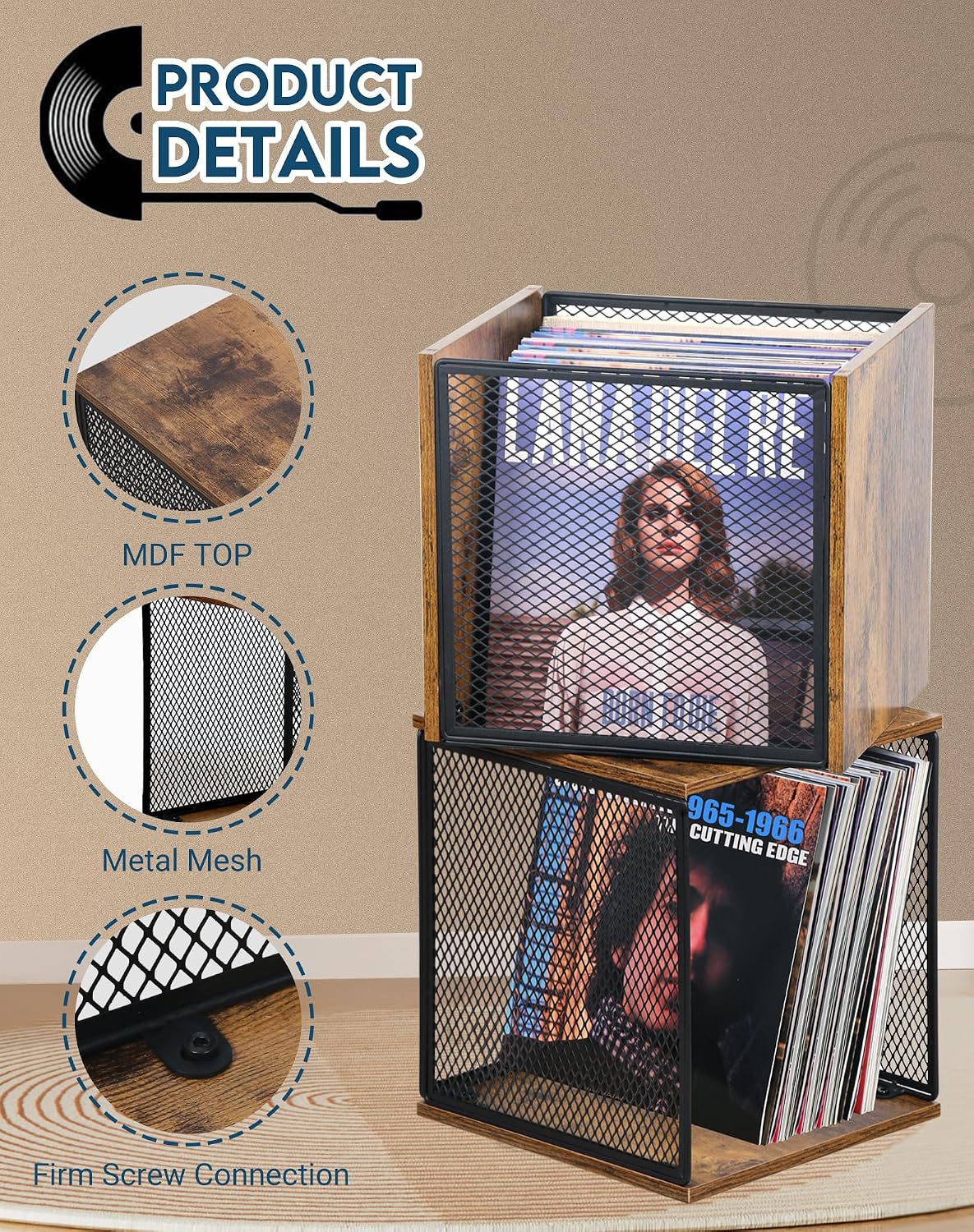 LOFTEY 2 Pack Stackable Vinyl Record Storage, Cube Record Crate Box for LPs | Holds 100-120 Records Total, 110 lb Load