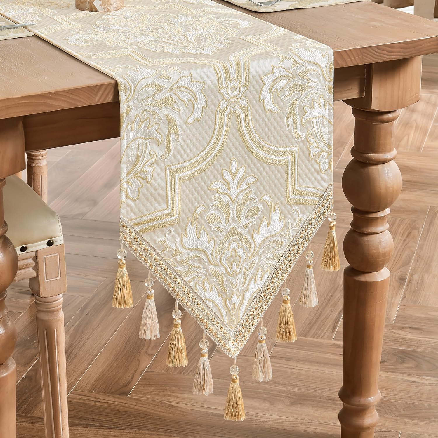 Loom and Mill Elegant Damask Jacquard Table Runner 13x90 inch, Beige Gold | Floral Design Double Layer Dining Table