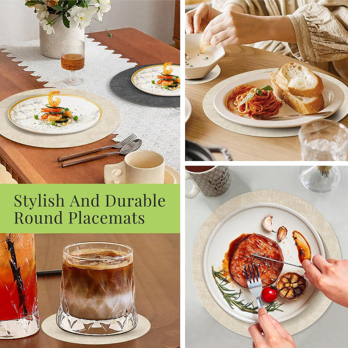 Fyvva Placemats Set of 12, 13" Round Reversible Faux Leather with Coasters | Wipeable & Waterproof Table Mats, Heat
