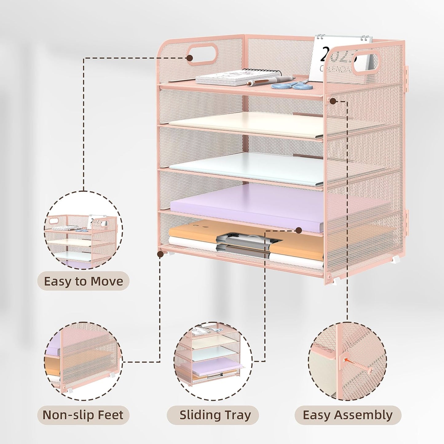 5 Trays Paper Organizer Letter Tray with Handle-Mesh Desk File Holders, Paper Sorter Desk Organizer for Office, Home