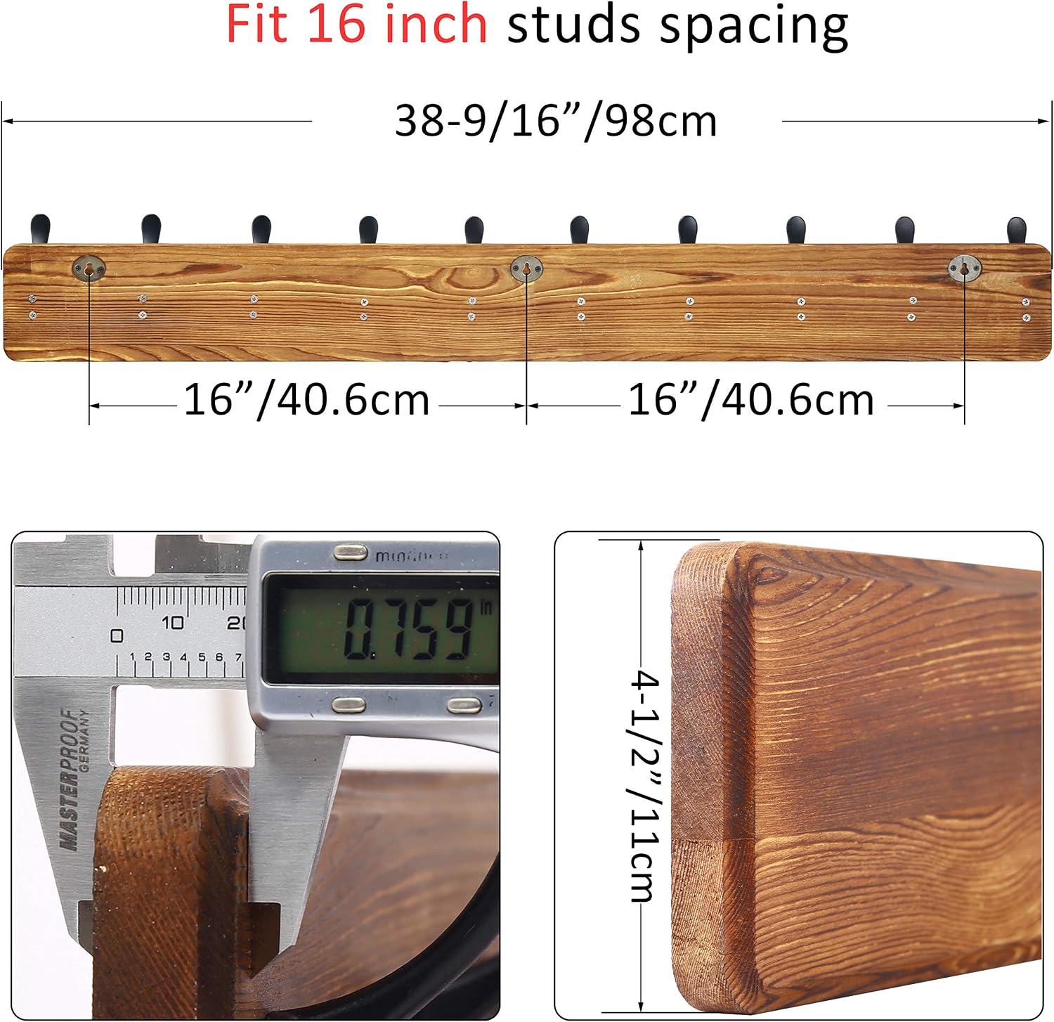 WEBI Coat Rack Wall Mount,38 9/16" Long,10 Hooks,Coat Hooks Wall Mounted,Coat Hanger Wall,Farmhouse Wood Hook Rack