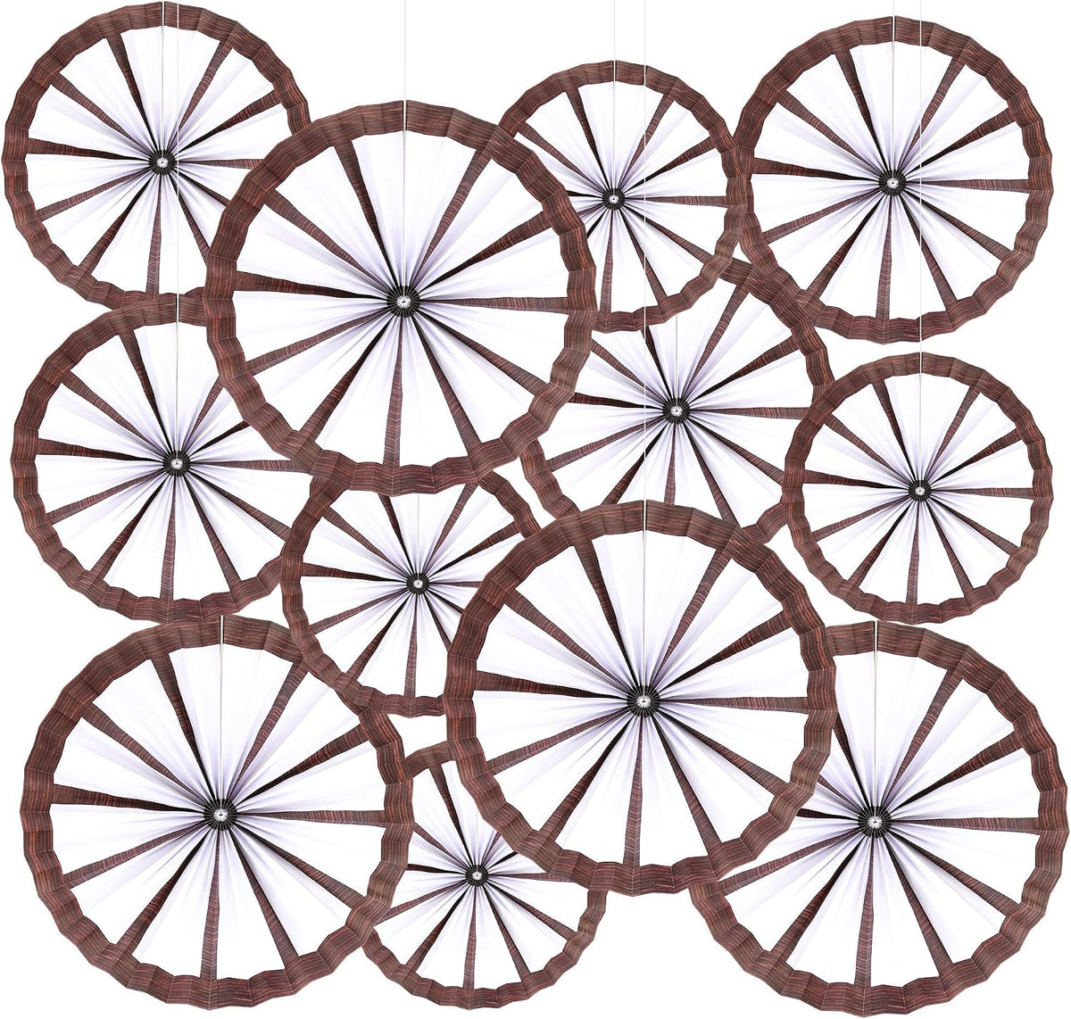 BestoFun 12PCS Western Cowboy Party Decorations Set - Paper Fans, Wagon Wheels & Straw Hay Bales Hanging Ceiling Wall Decor for Ranch Birthday Baby Shower Theme
