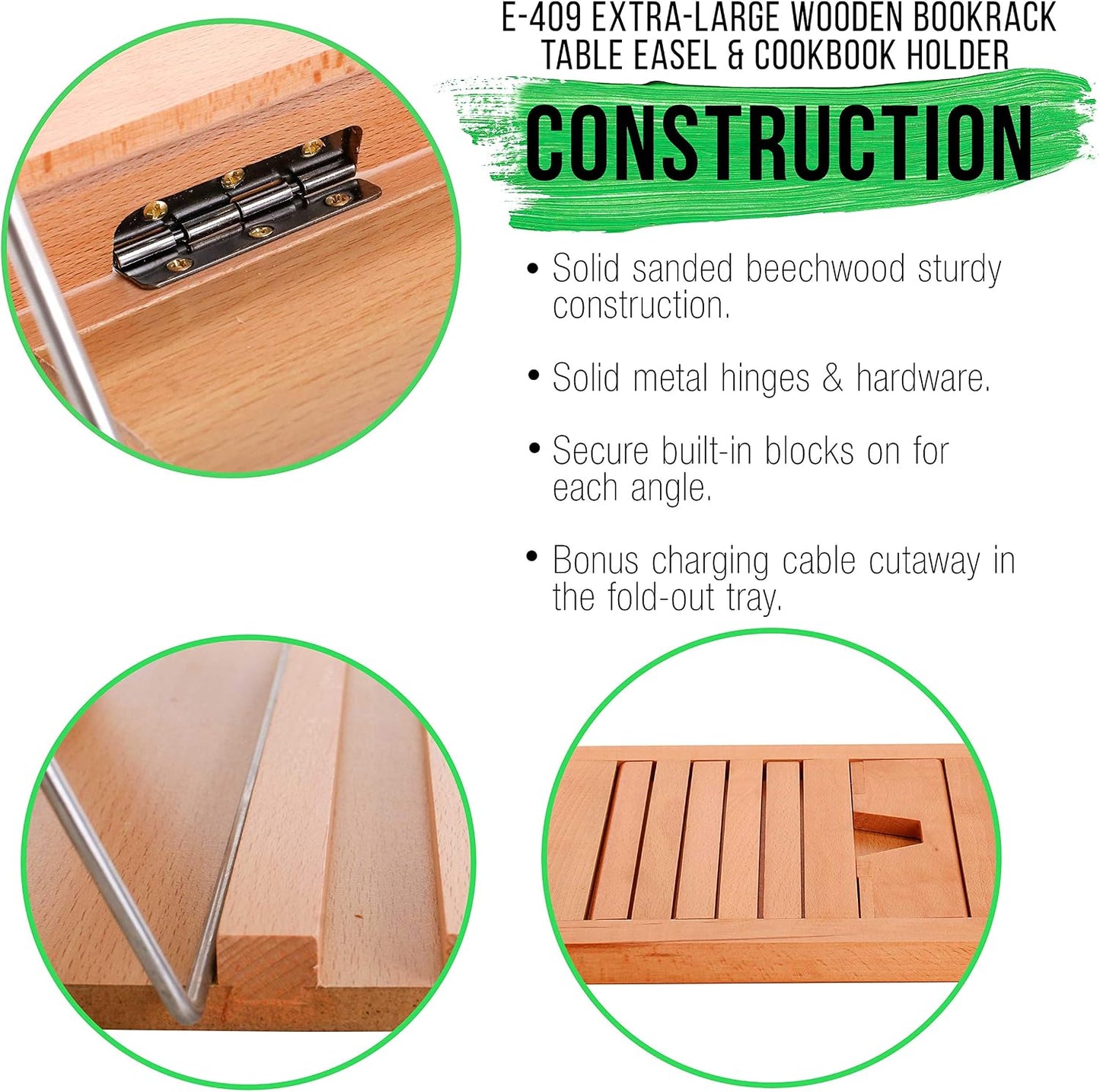 U.S. Art Supply Large Wooden Table Easel - Adjustable Incline, 2 Page Holders - Functions as Wooden Cookbook Stand