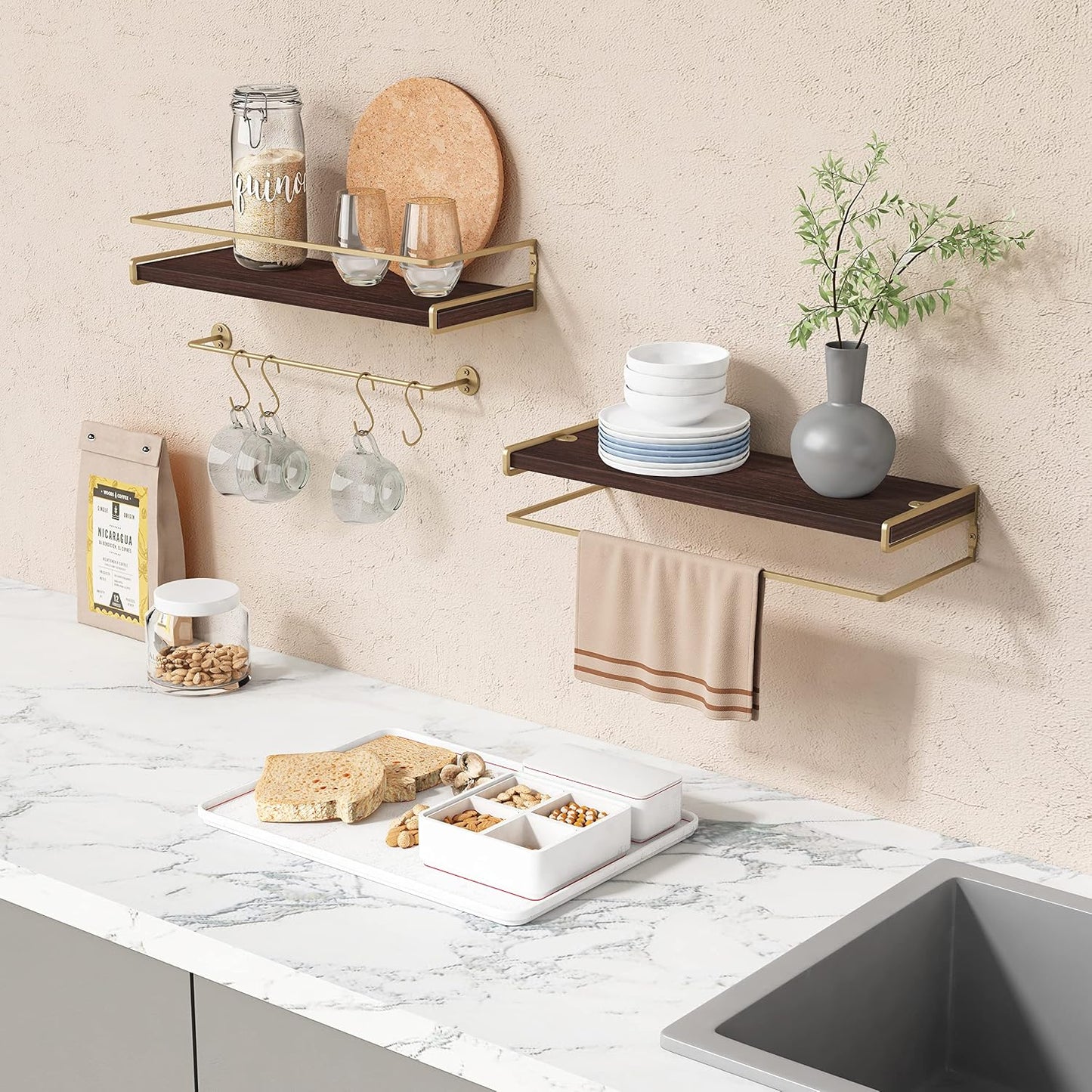 Floating Shelves Bathroom Shelves Over Toilet Set of 2, Bathroom Wall Shelves with Towel Bar, Wall Mounted Vanity Shelf