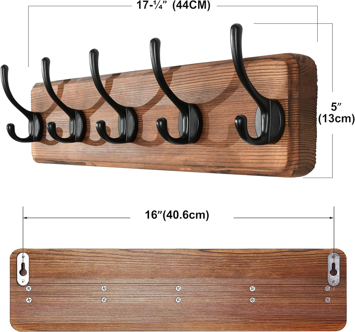 SKOLOO Rustic Wall Mounted Coat Rack with 16 Inch Mounting Hole Distance, Pine Solid Wood Coat Hook Hanger - 5 Hooks