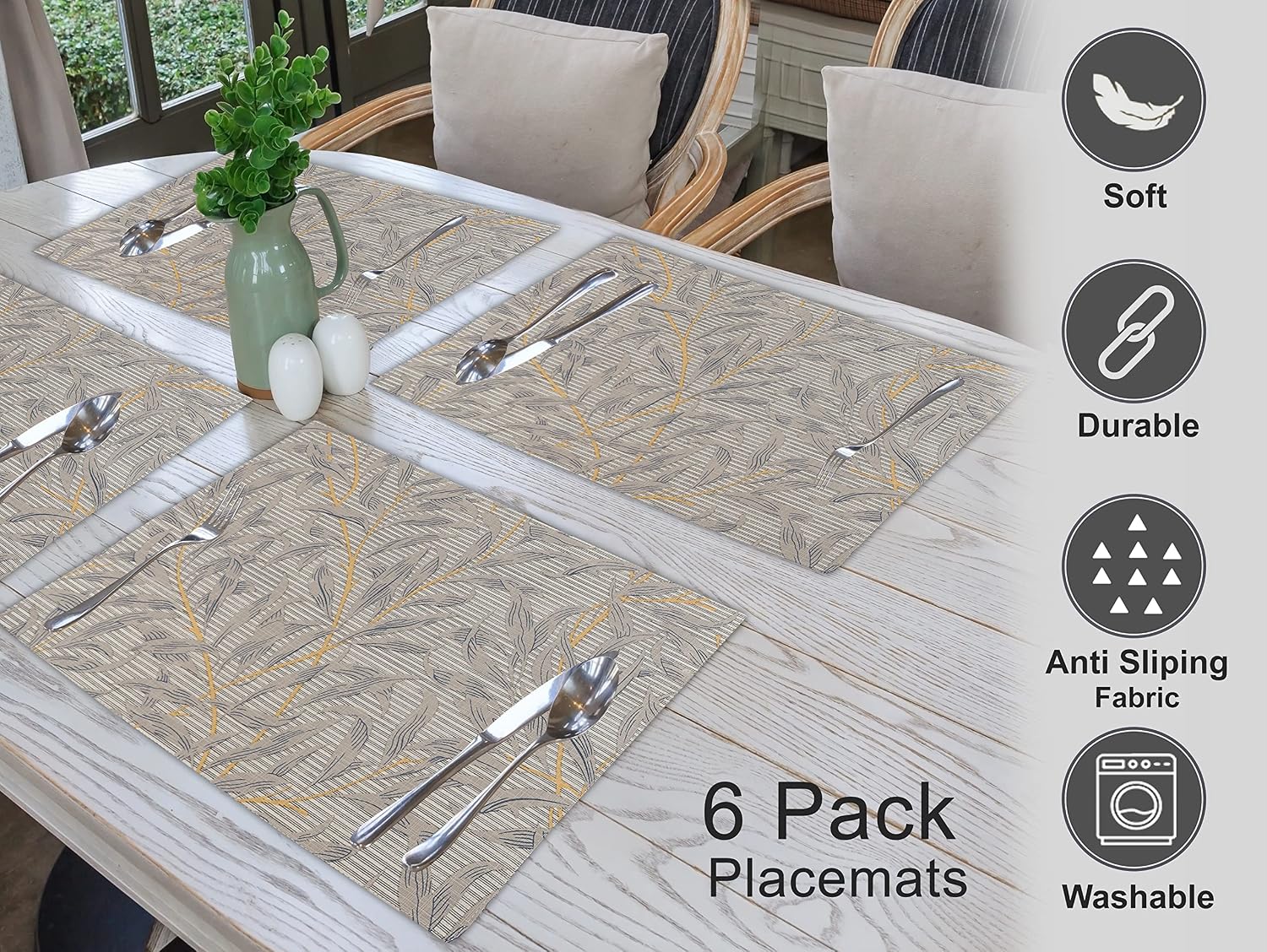 Ruvanti Placemats Set of 6, 100% Cotton Place Mats of 13"x19" – Leafy | Heat, Stain resistant, Washable, Non-Slip