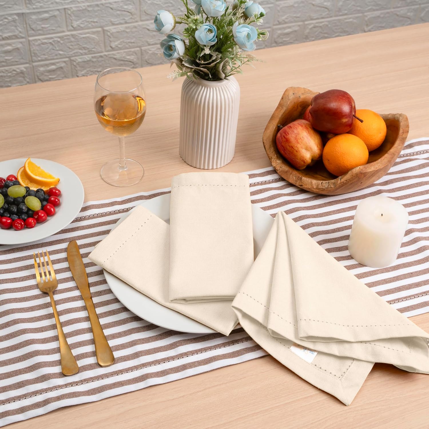 Blue Needles Set of 12 Hemstitch Linen Napkins 100% Cotton Cream Cloth Dinner Napkins 18x18 inches, Soft, Reusable