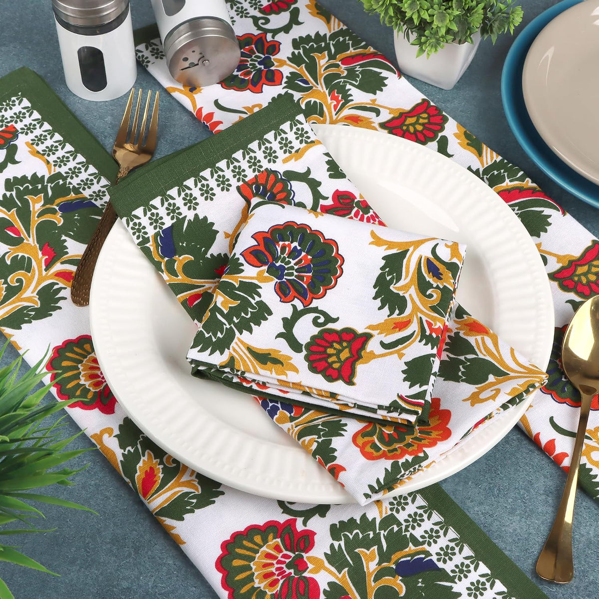 Printed Cloth Napkins Set of 12 Cotton Linen Printed Green Floral Print | Washable Reusable Fabric Soft Durable Quality