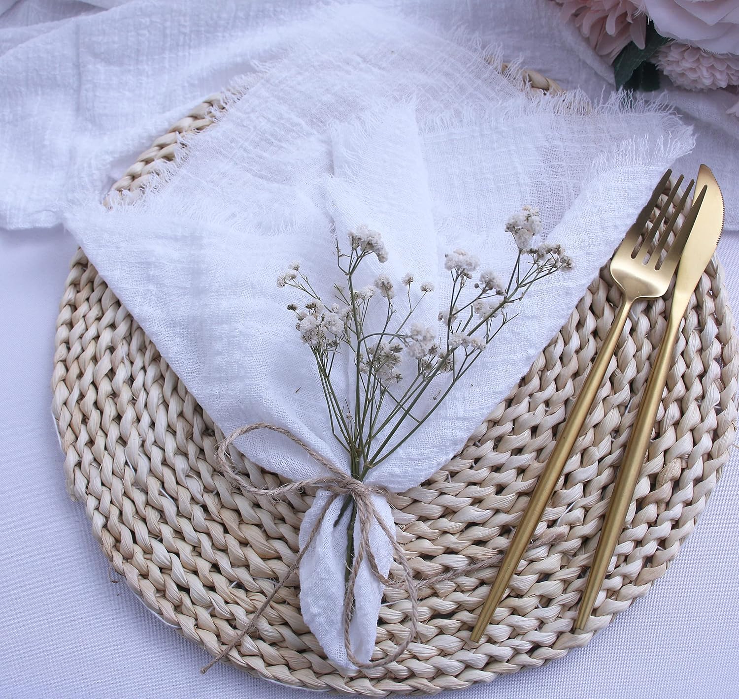 Cloth Napkins with Fringe Set of 12, Soft Cotton, 16 x 16 Inches, White | Boho Rustic Dinner Napkins, Reusable Washable