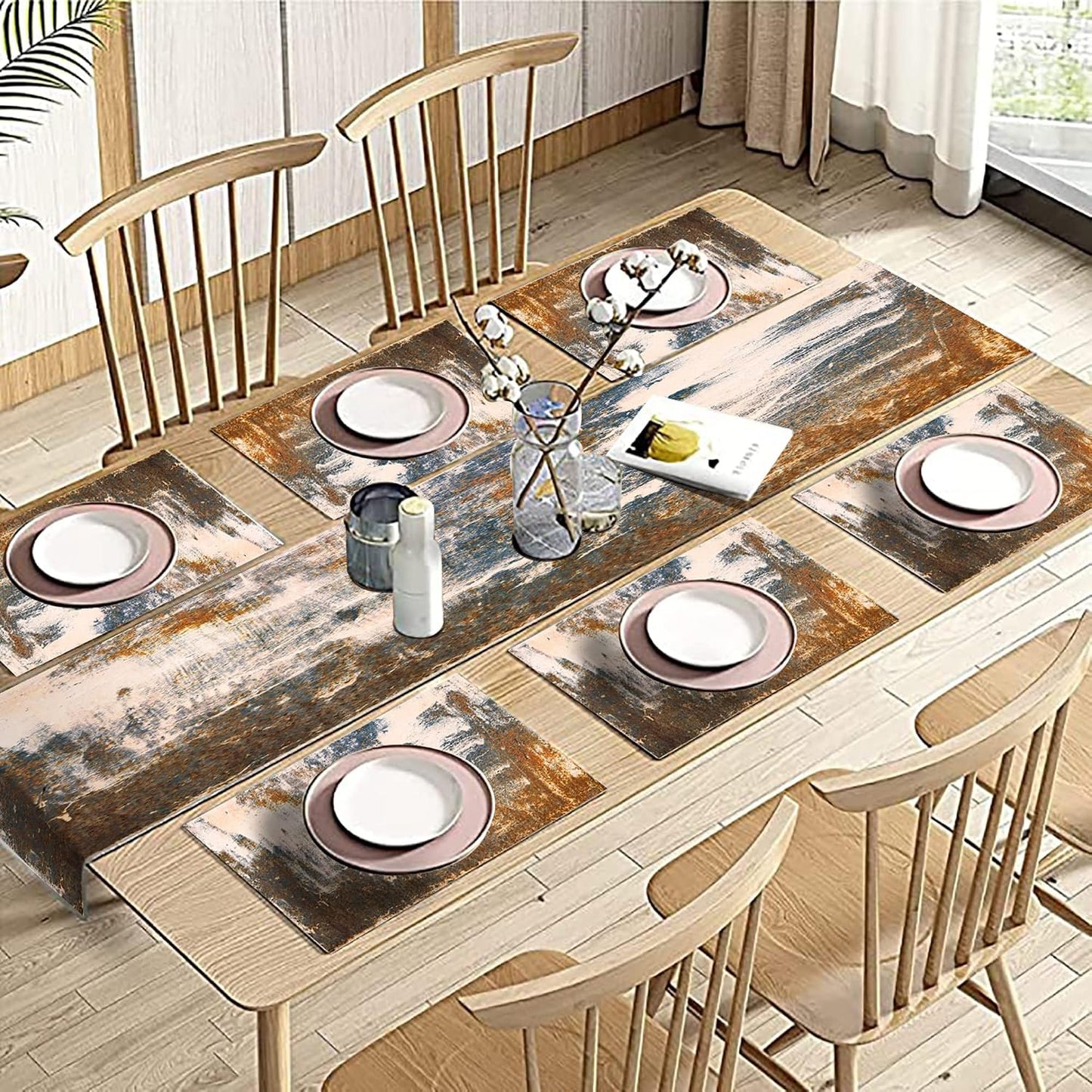 Black Grey Abstract Table Runner and Placemats Set, Linen 108" Long | Retro graffiti art painting style. Washable linen
