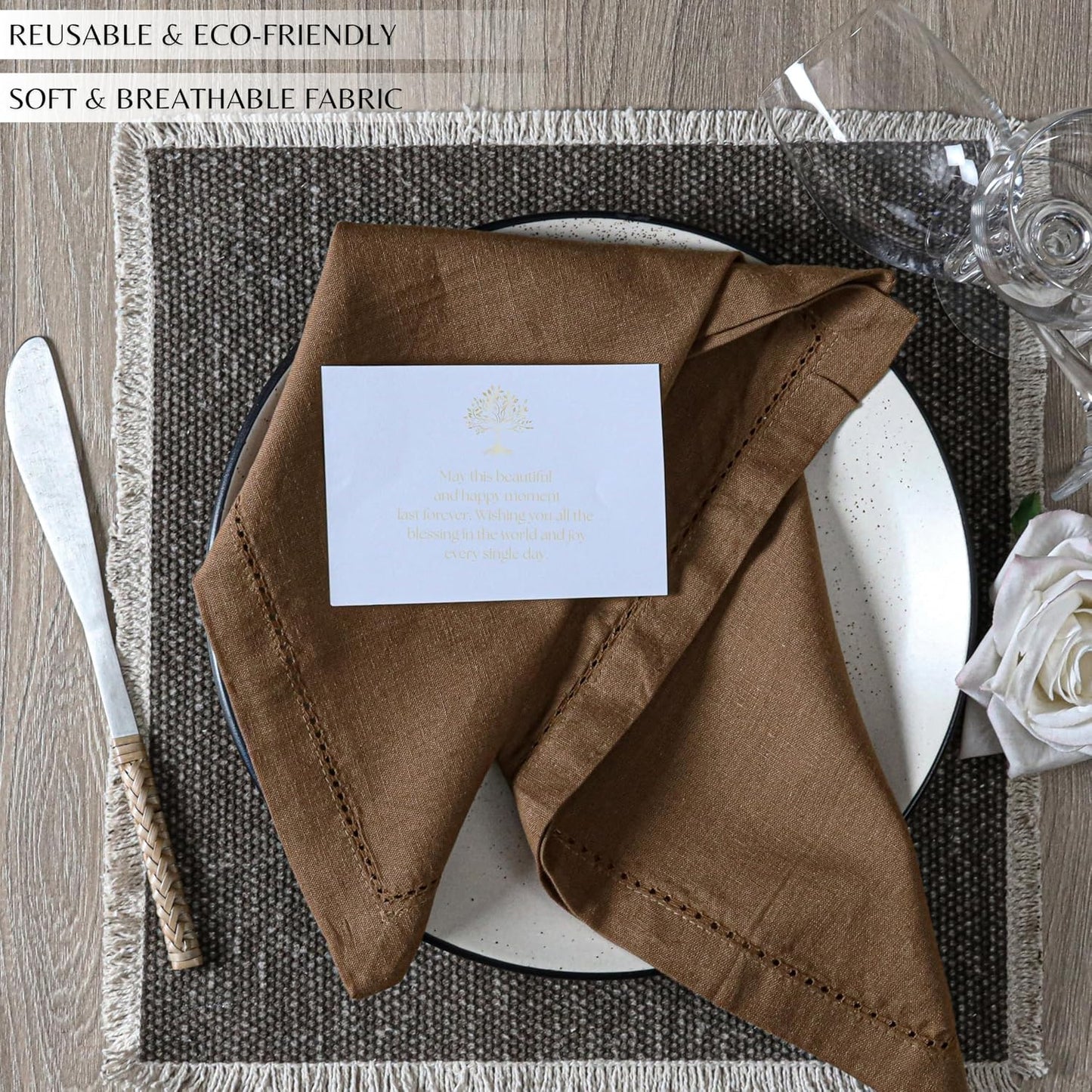 Ramanta Home Brown Cloth Dinner Napkin Set of 12-18x18 Inch | Cotton Linen Flax Hemstitched Napkins Washable for