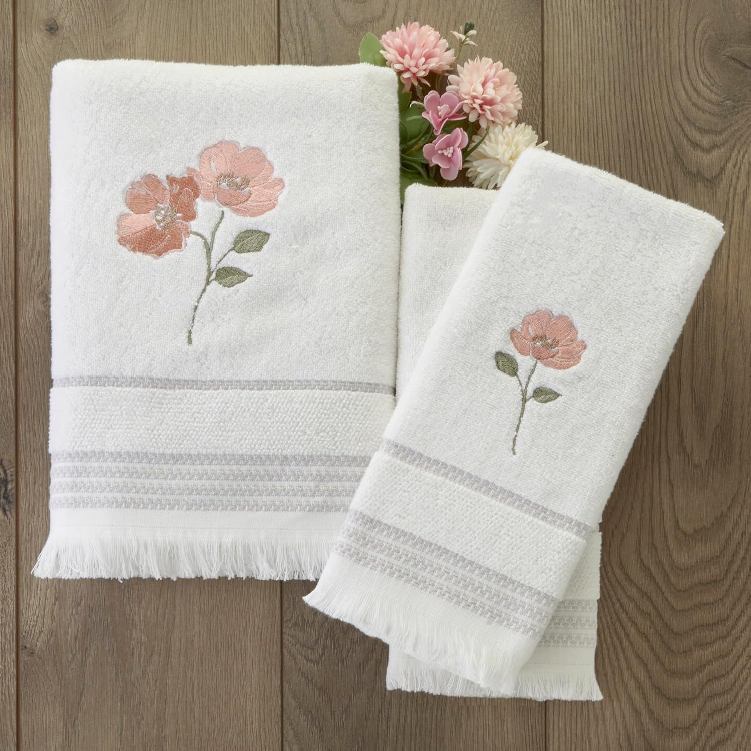 SKL Home Misty Floral Hand Towel Set-2pc, Premium 100% Cotton, White | 600 GSM weight. Spa-level quality. Soft &