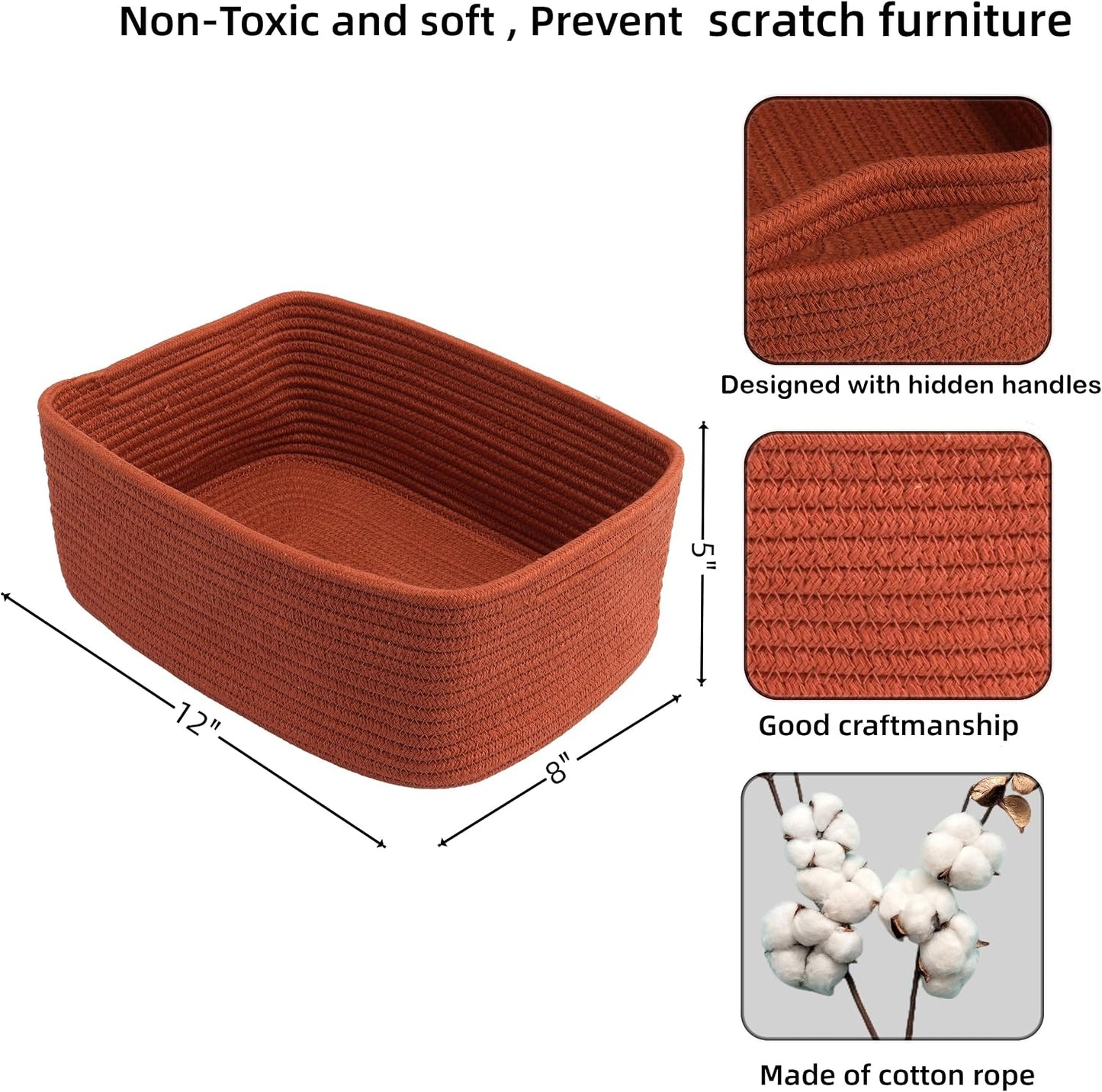 Small Woven Storage Baskets " Decorative Rope Bins for Organizing / Rustic / Regular / 12 x 8 x 5