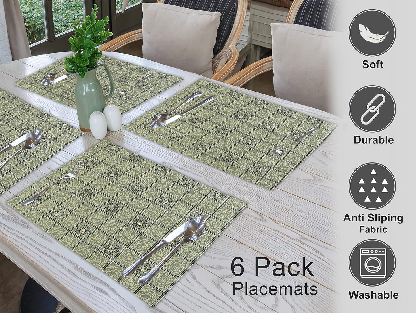 Ruvanti Placemats Set of 6, 100% Cotton Place Mats of 13"x19", Floral Tiles | Heat, Stain resistant, Washable